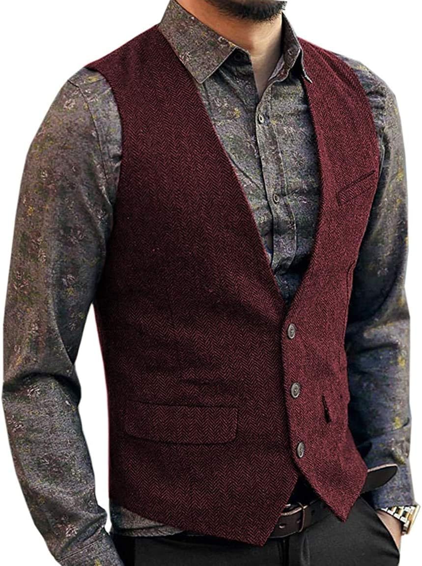 Mens Vests Herringbone Suit Vest Slim Fit V-Neck Waistcoat Business Vest Wedding