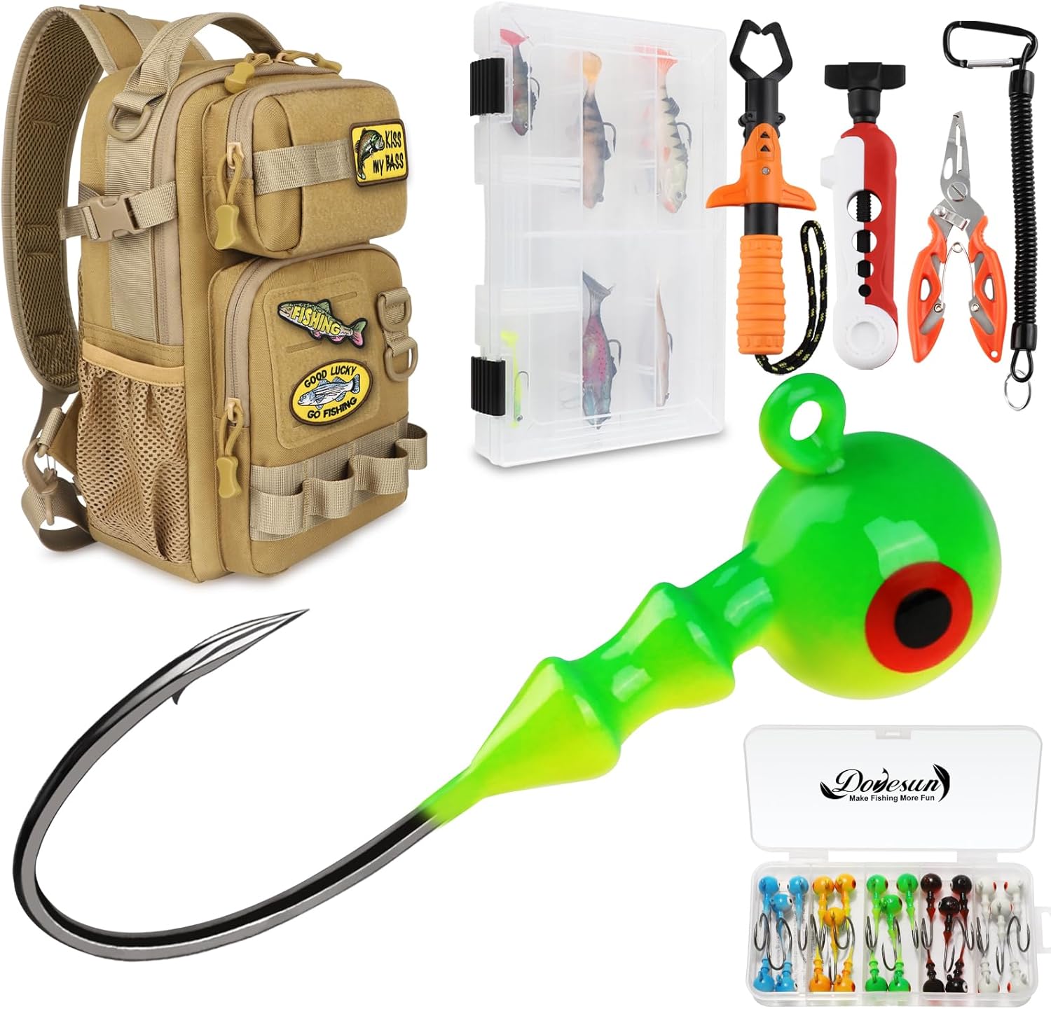 Dovesun Jig Heads, 1/4oz 25pcs Painted Jigheads, Sling Bag with Tool Set, Sling Tackle Bag & 3600 Tackle Box, Fishing Line Spooler, Fish Gripper, Pliers, Lanyard, 6pcs Random Lures Khaki