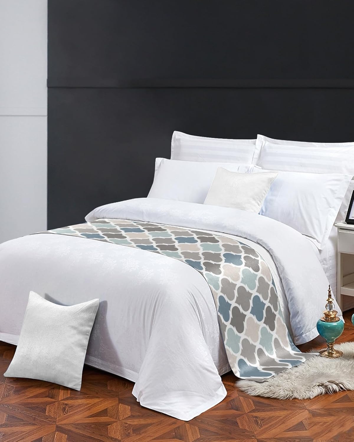 Teamery Bed Runners & Scarves, Moroccan Pattern Indigo and Gray Bed Runner, Bed Scarf Protector Decorative Accent Bedding Scarf for Hotels Homes and Guestrooms, 102 x 20 inches