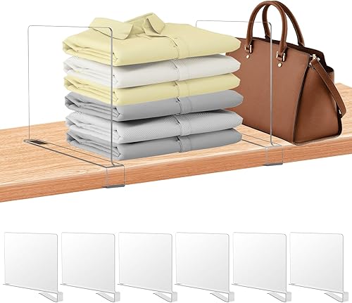 Paquete de 6 separadores de estantes de acrílico transparente para organización de armario, organizadores de bolsos para armario, divisores de ropa,