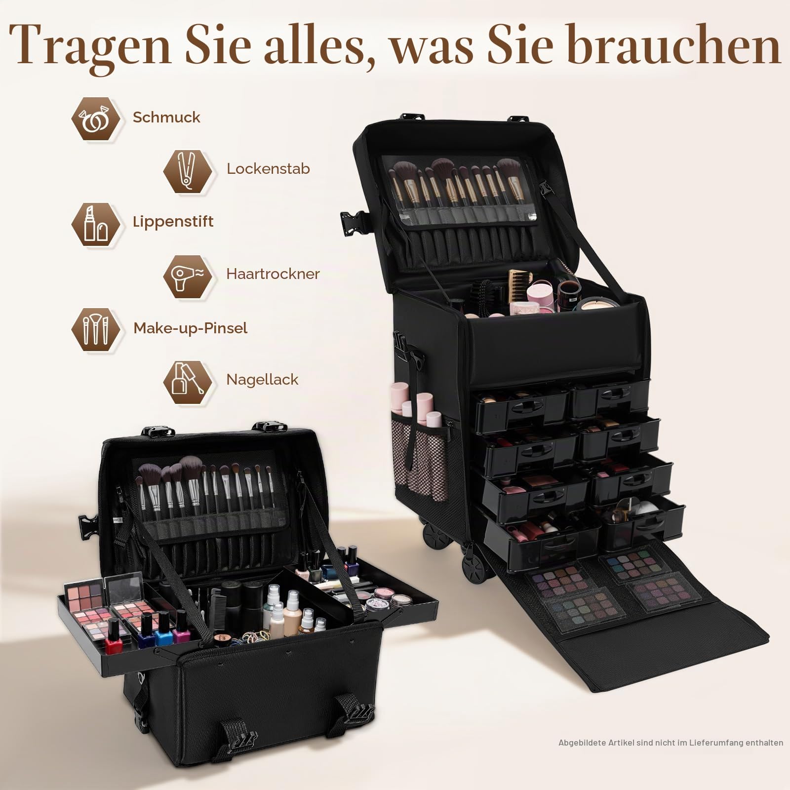 2 in 1 Kosmetikkoffer, Abnehmbarer Kosmetikkoffer Trolley mit Rollen und Deichsel, Friseurkoffer mit 8 Schubladen, Nagel Koffer, Make Up Koffer für Friseure, Maskenbildner und Maniküre, Schwarz
