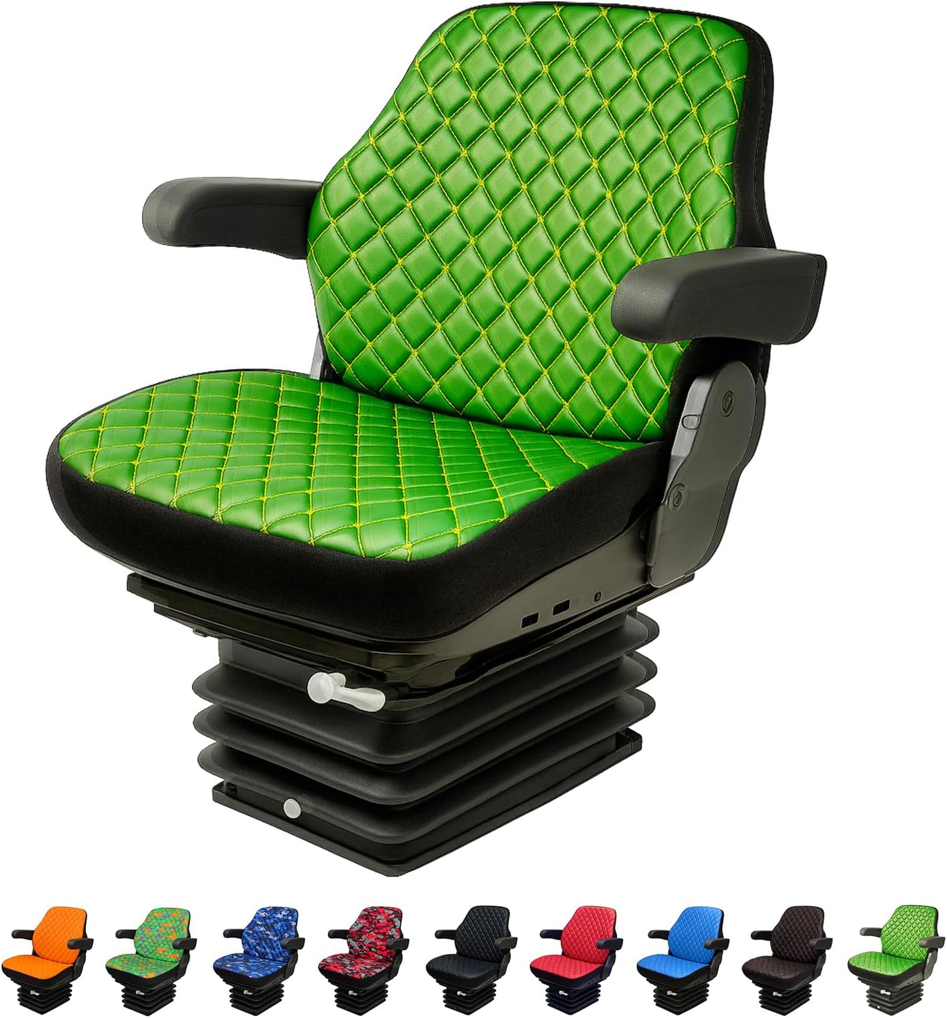 Heavy Duty Tractor Seat Cover for Cabinet Tractors Without Headrest, Seat Cover for John Deere Tractor, Camuflage Pattern, 8 Colors (JD Color Scheme - Green Leather - Yellow Stitches)