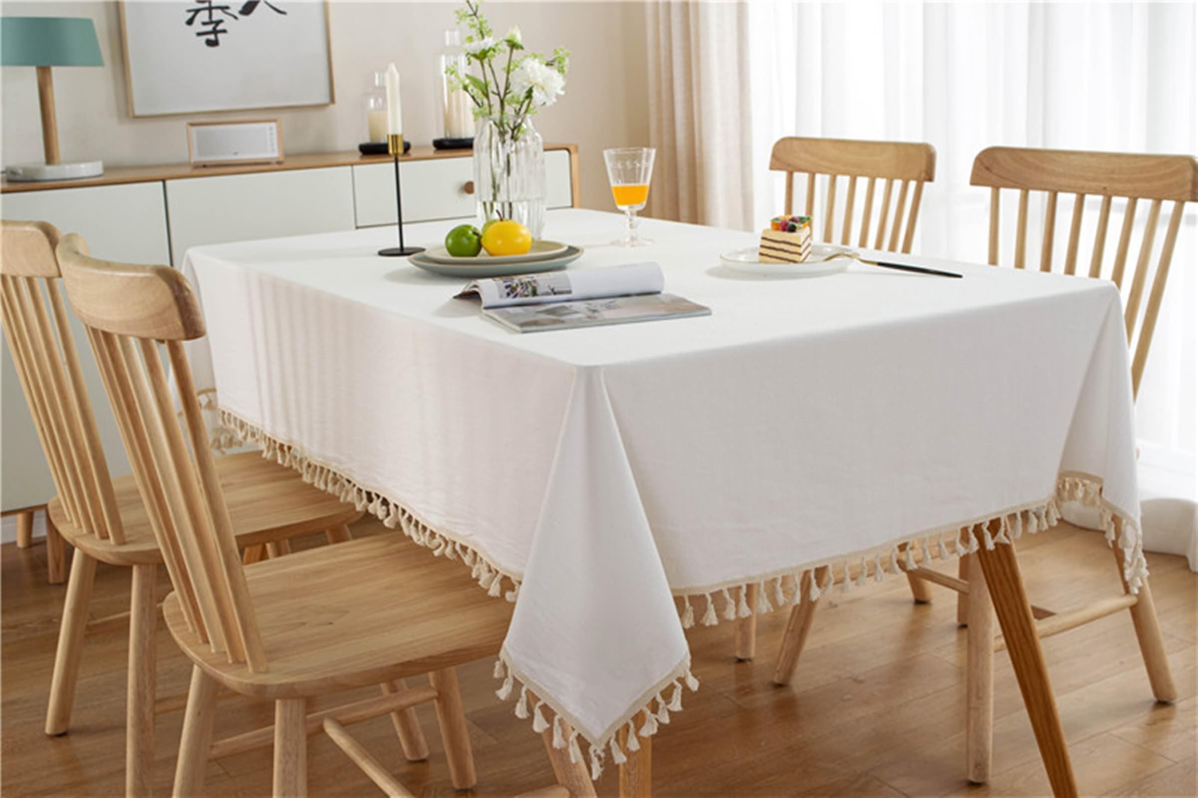 Mantel cuadrado para mesa de comedor, 55 x 55 pulgadas, de algodón, color liso, con borlas, para eventos, bodas, banquetes y fiestas, color blanco, estilo A