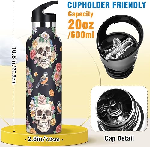 Miniatura 2 de Water Bottle for Kids with Straw, Stainless Steel Water Bottle for Travel or School 20 Oz, BPA-Free, Human Skulls Colorful Flowers