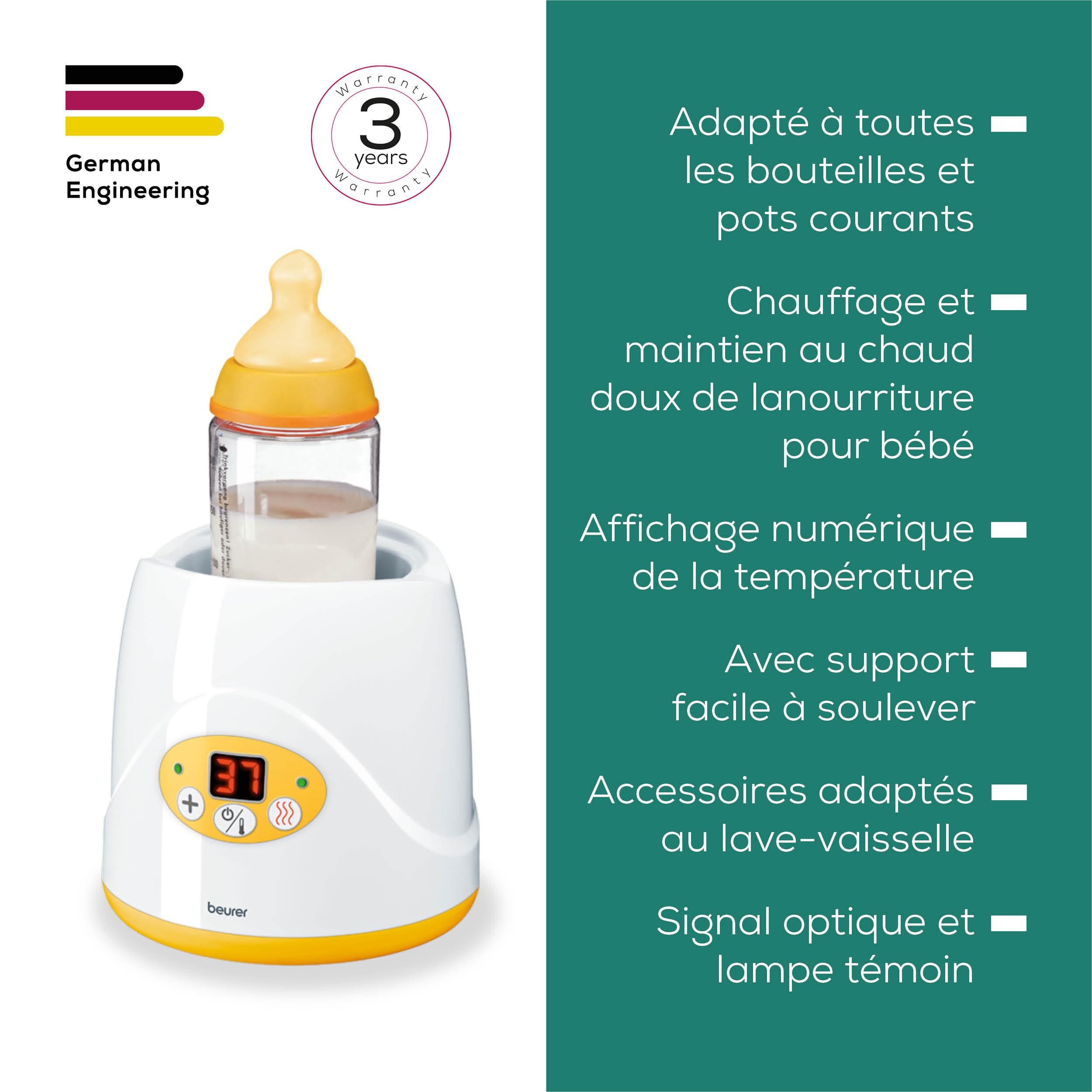 Beurer BY 52 Appareil Chauffe-biberon et Nourriture pour Bébé, temps de préchauffage de 8 minutes, affichage numérique de la température, convient à tous les biberons standard