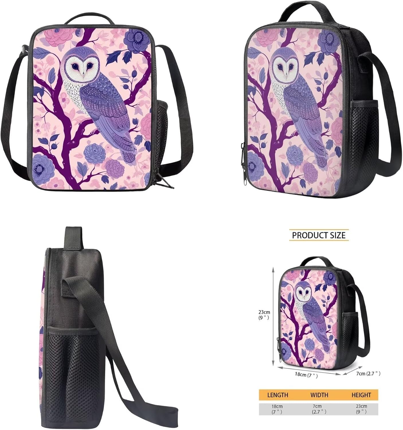 Modysero Large Capacity 3 Piece School Bag Bundle for Kids Owl Print Backpack Set for Girls Boys Daypack Set Durable Lightweight Bookbag Pencil Case Lunch Bag with Shoulder Strap