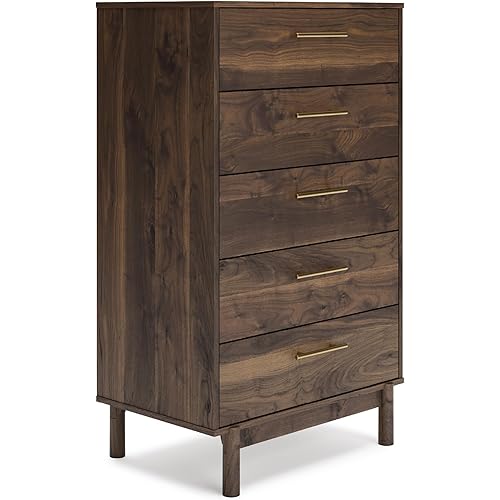 Signature Design by Ashley Calverson Contemporary 5 Drawer Chest of Smooth-Gliding Drawers and Safety Stop, Dark Brown