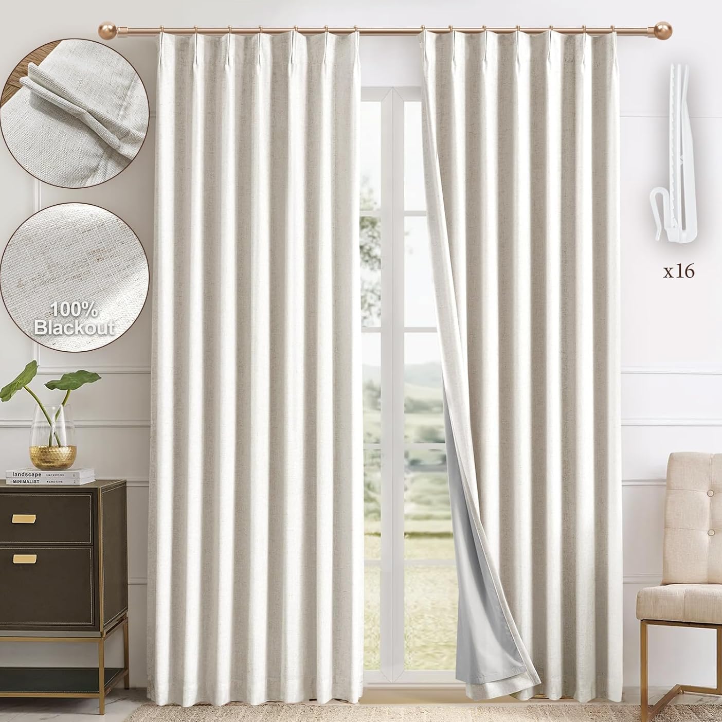 IVAPUPU Natural Pinch Pleated 100% Blackout Linen Curtains 90 Inch Length for Bedroom, Black Out Pinch Pleat Curtains for Living Dining Room Darkening