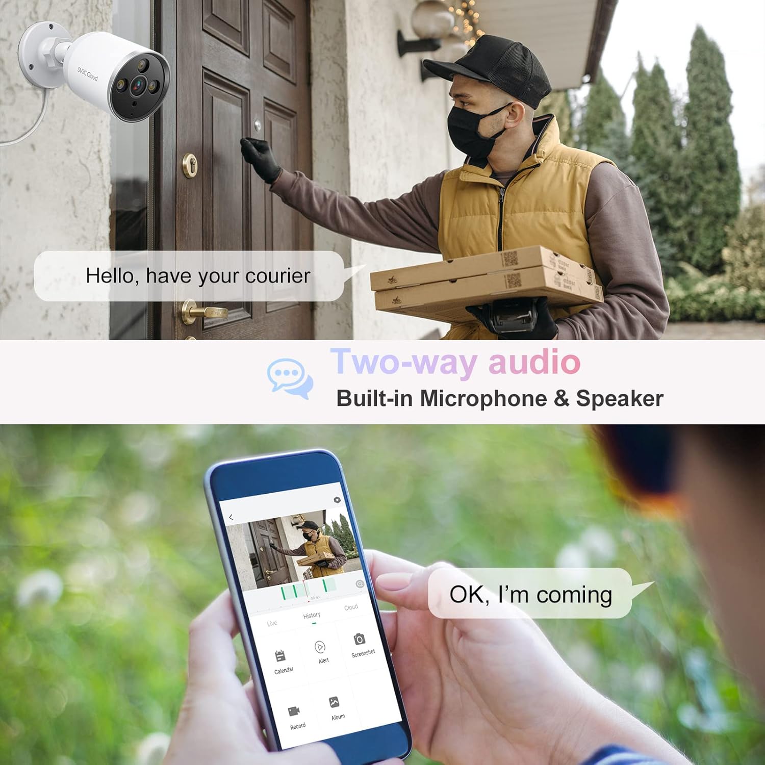 Person at a door interacting via two-way audio with a smartphone user