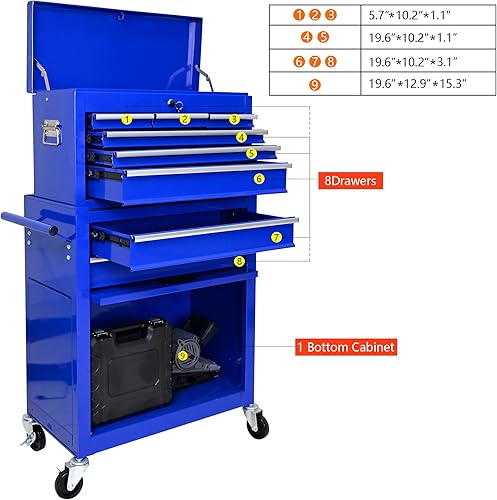 Miniatura 4 de Cofre de herramientas de 8 cajones, caja de herramientas rodante con caja de herramientas superior desmontable y cerradura de llave, armario de