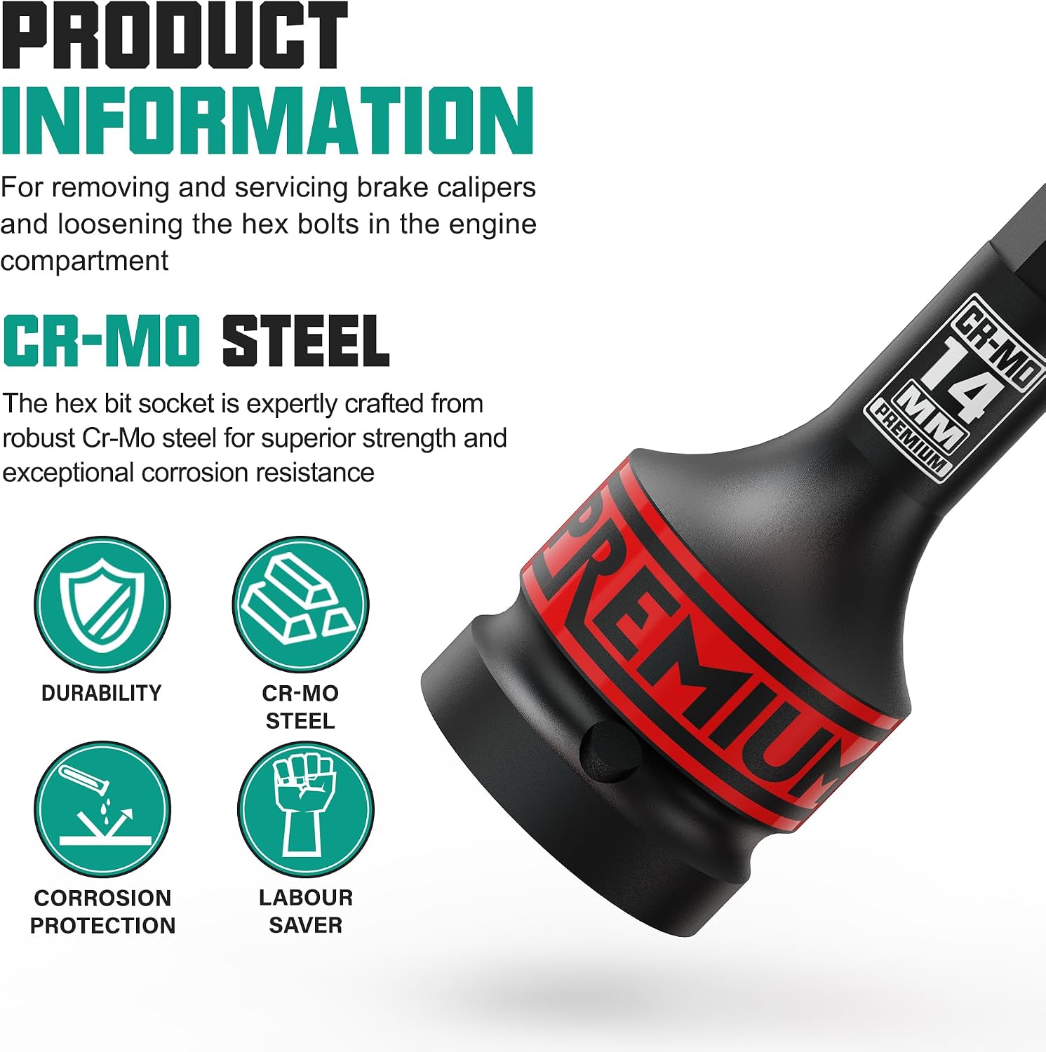 3/4" Drive H14 Impact Hex Bit Socket, 14 mm Allen Bit Socket, Metric, Cr-Mo Steel, Car Maintenance, Furniture Installation, Mechanic Use