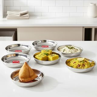 HAZEL Multipurpose Stainless Steel Plates Set for Kitchen | Serving Plate for Snacks, 200 ML, Set of 6 Price In India