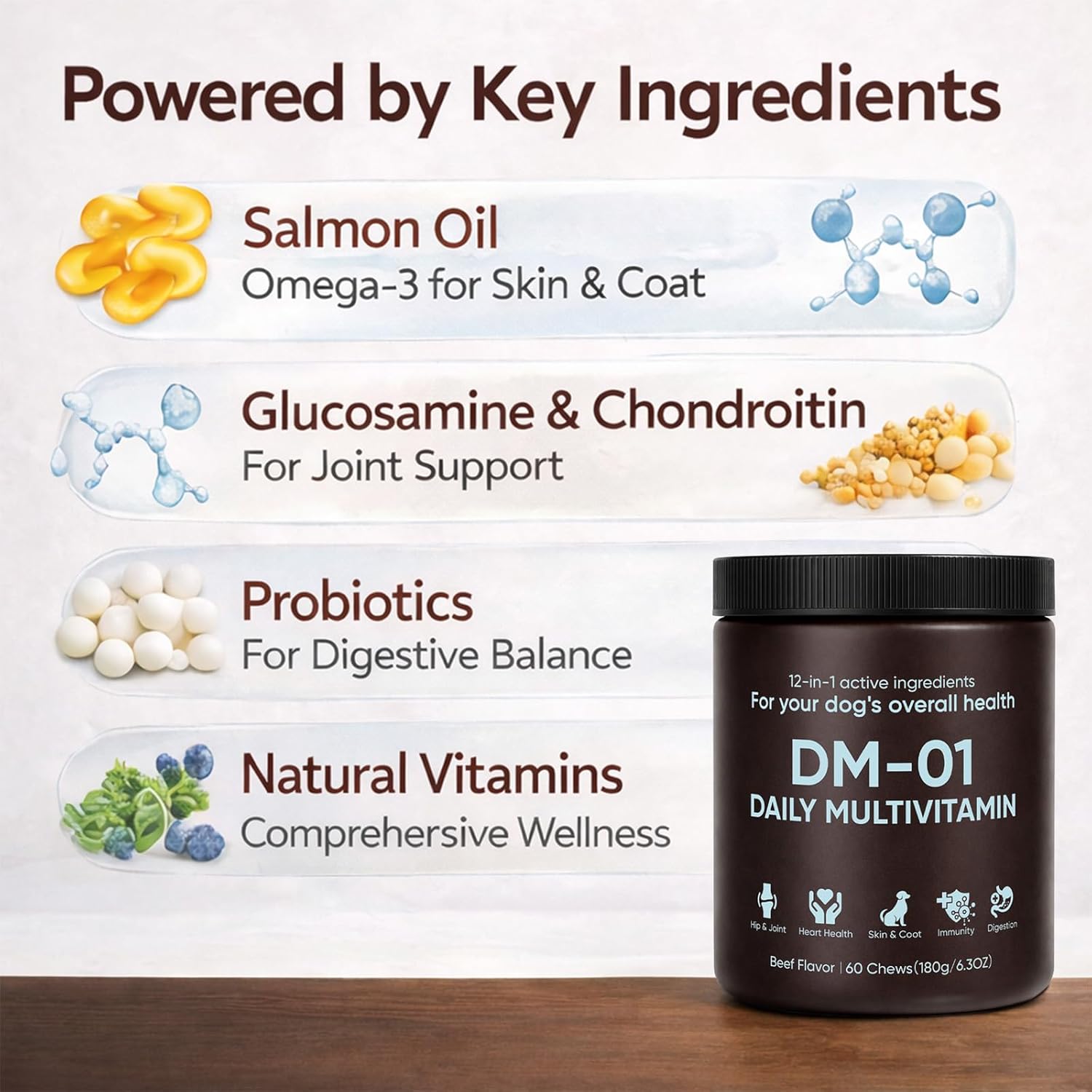 DM-01 Daily Multivitamin for Dogs, Dog Daily Multivitamin for Skin & Coat Health, Joint Support, Digestive Health, with Salmon Oil, Chondroitin, and Natural Vitamins, Beef Flavor, 60 Chews (1)