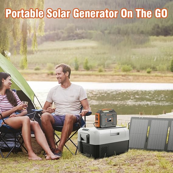 300W Solar Power Station Generator with Foldable 60W Solar Panel Charger, 110V Portable Solar Power Bank with AC Outlet for Camping Laptop Smart Devices RV Home VanLife Outdoor Power Outage