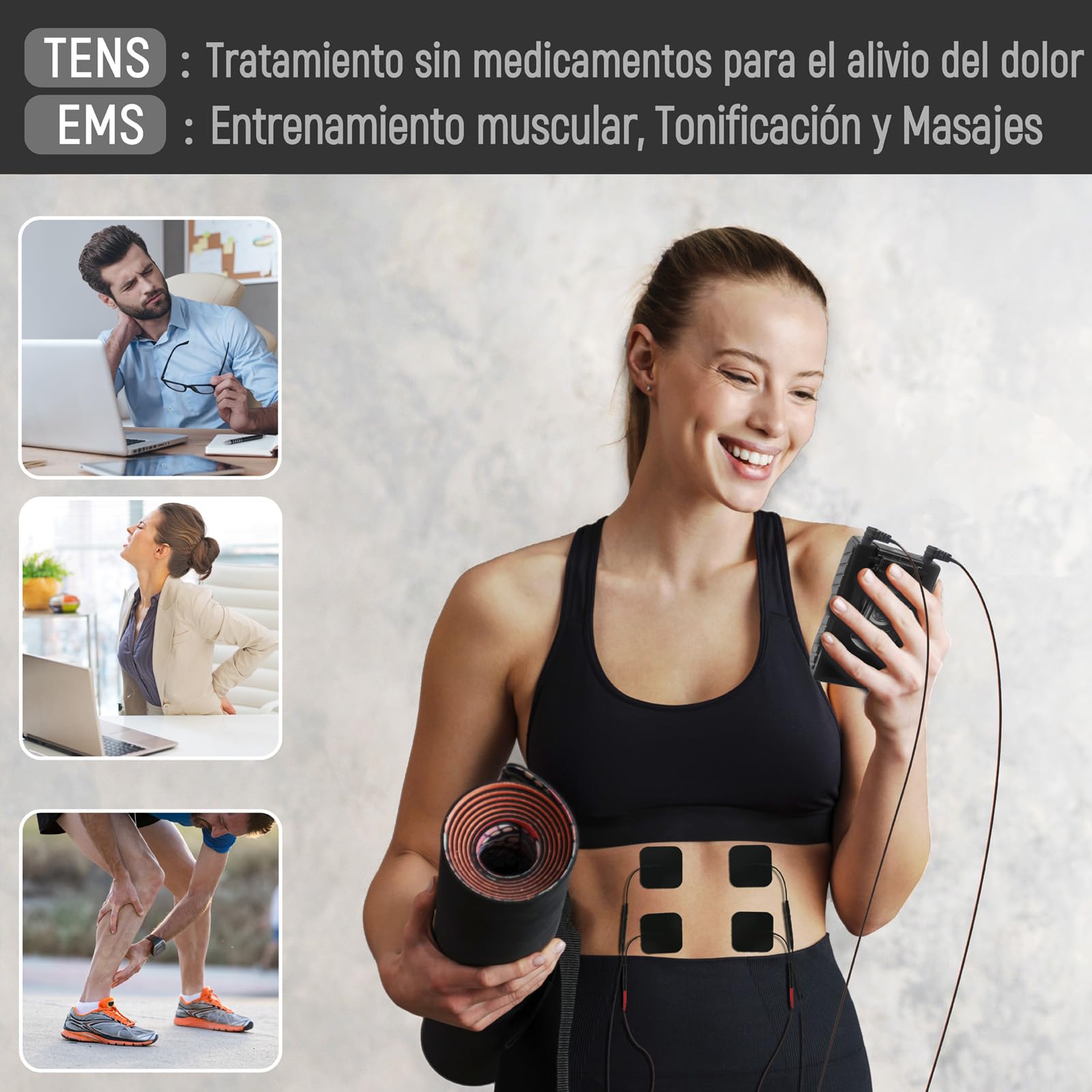 iStim EV-804 TENS/EMS Electroestimulador Muscular– Unidad Digital de 2 Canales con 8 Electrodos Reutilizables, Portátil para Alivio del Dolor, Rehabilitación, Terapia Física y Fortalecimiento Muscular