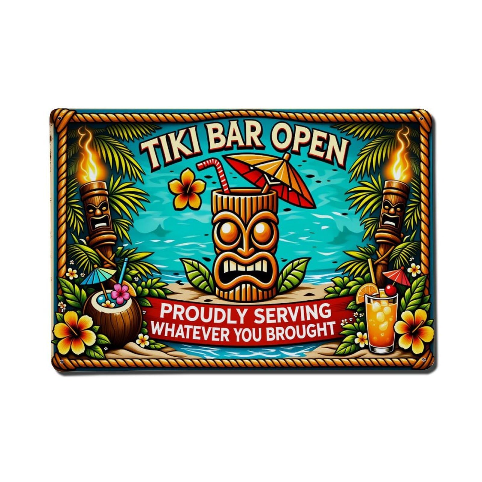 Ageksten Vintage Tiki Bar Open Proudly Serving Whatever You Brought Tin Sign Retro Metal Sign For Cafe Bar Pub Home Game Room Gym Club Wall Decoration Metal Poster 8X12 Inch
