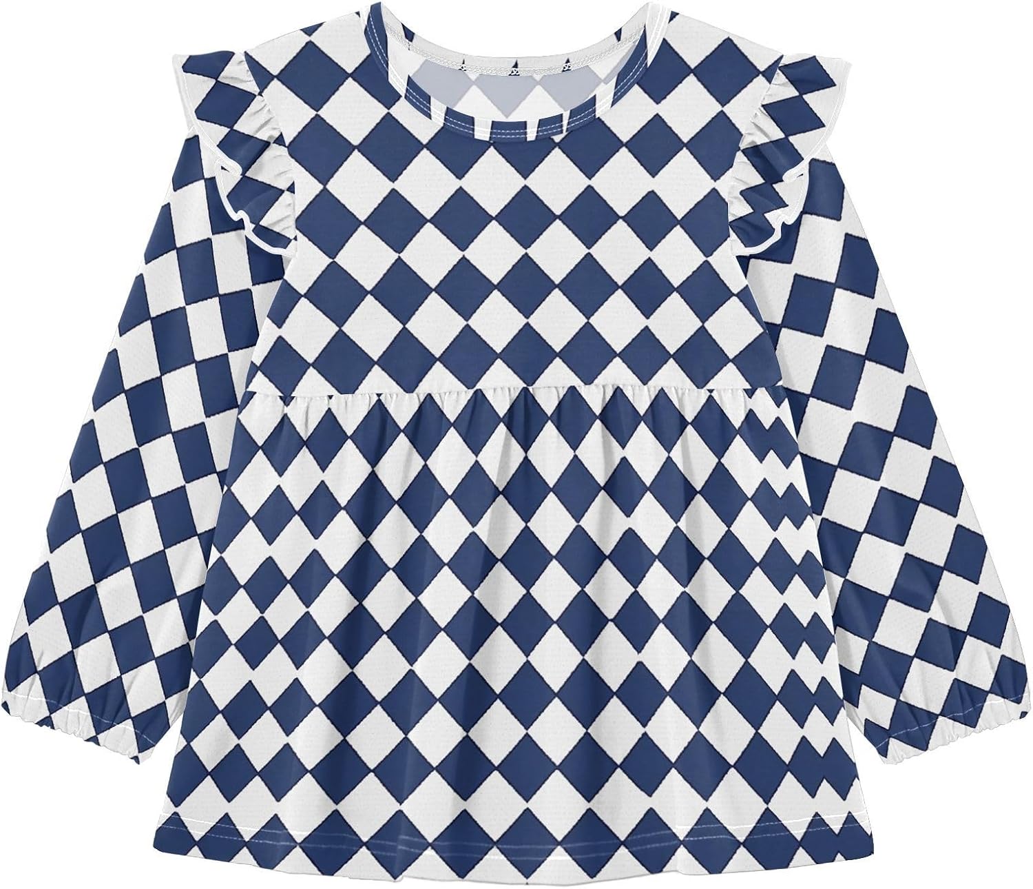 visesunny Toddler Clothes for Girls Blue Diamond Checkerboard Long Sleeve Fall Shirts Cotton Top with Ruffle Collar