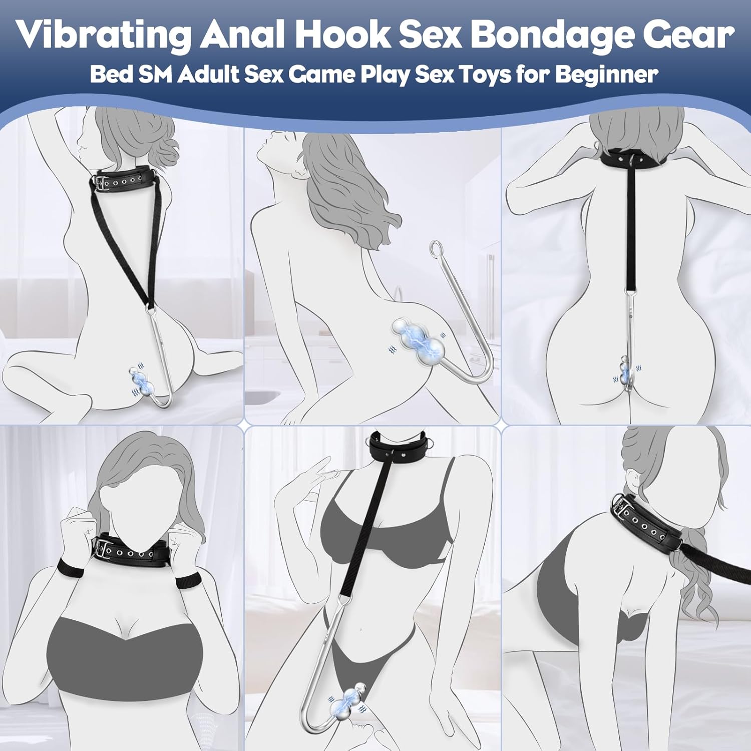 Vibrating Anal Hook Anal Plug, BDSM Anal Vibrator Sex Bondage Restraints Collar Traction Chain Anal Trainer with 9 Vibration Modes, SM Fetish Anal Sex Toys for Beginners Gay Women Couples