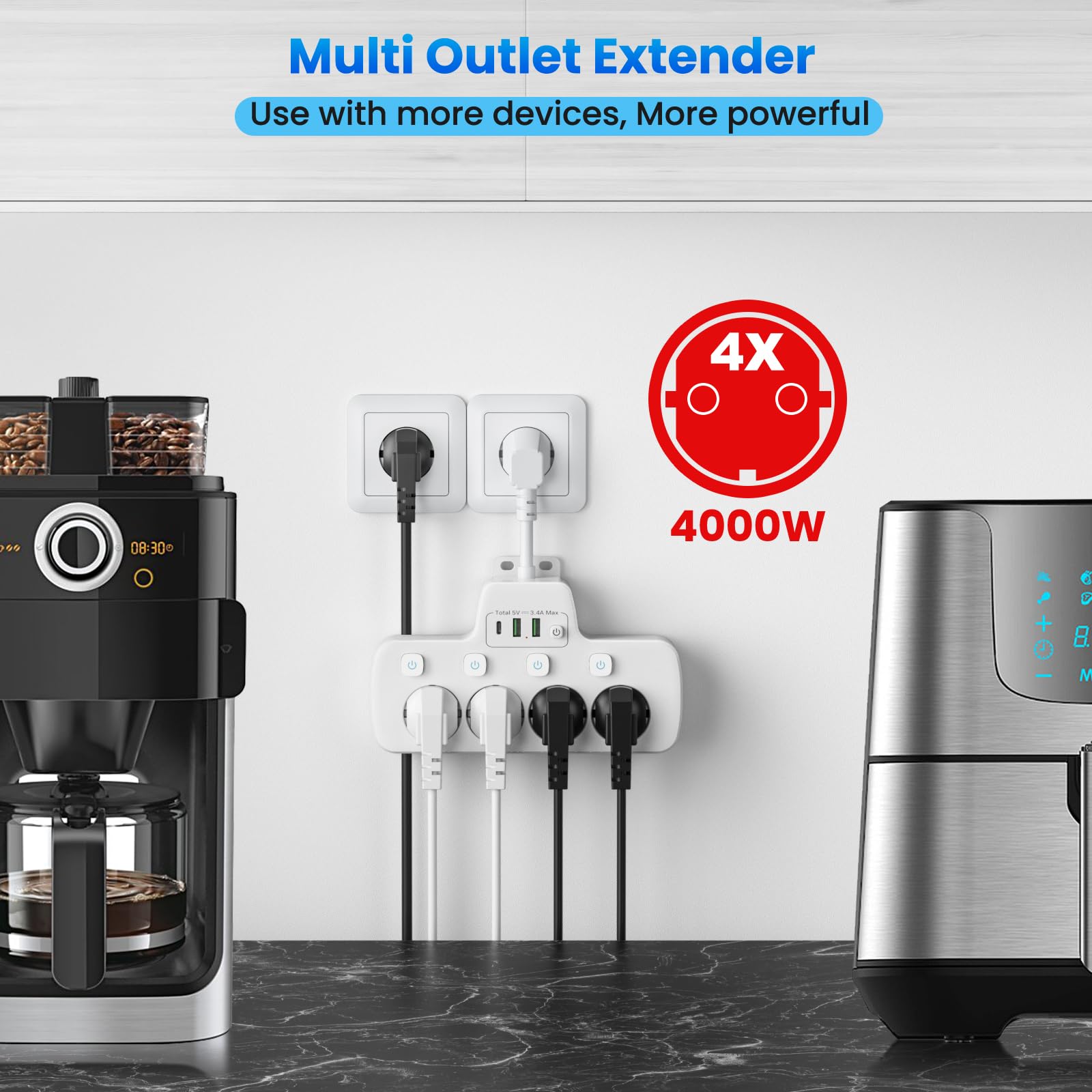 Ciabatta Multipresa con USB C,Presa Multipla Salvaspazio Ciabatta Elettrica con Interruttore 4 Presa Adattatore Schuko e 3 USB Carica Parete Multipresa da Scrivania Spina Tedesca Cavo Corto,Bianco