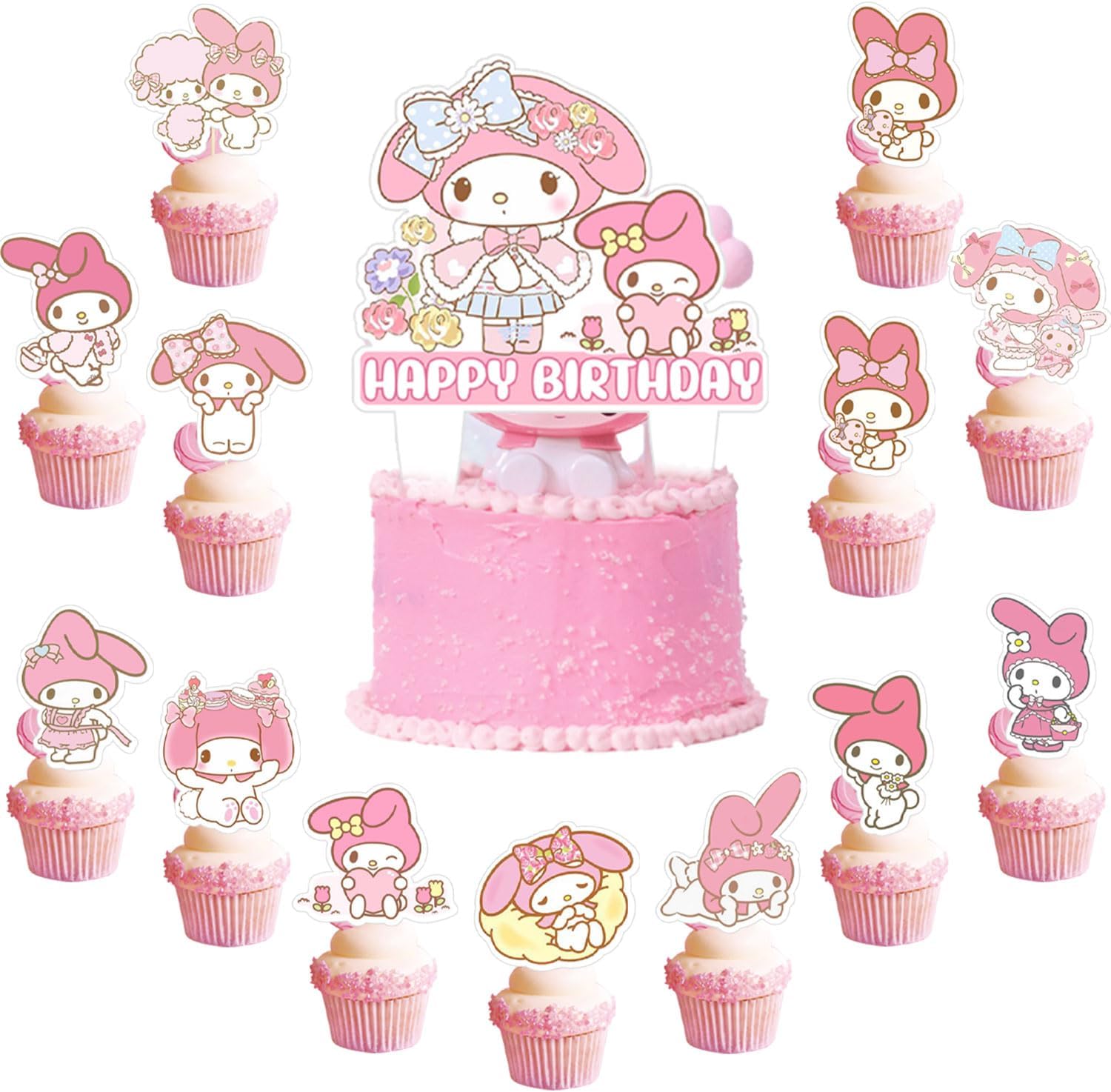 37 Pieces of My Melody Cake Topper, My MelodyThemed Party Supplies Cupcakes Kids BirthdayDecorations,Cute Cartoon Melody Cake Decorations for Melody Party Supplies Decor