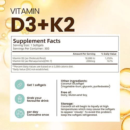 Miniatura 7 de Vitamina D3 K2 10000 UI con cápsulas blandas de aceite de coco virgen MK7-300, vitaminas D y K 2 en 1 complejo  Vitamina D3 con K2  Apoya la