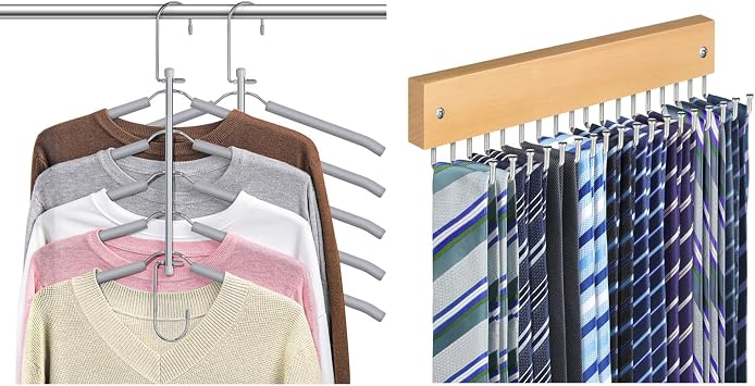 Tie Rack Belt Hanger Wall Mounted Non Slip 180 Degree Rotating Belt Organizer for Closet Natural 1 Pack, Clothes Hangers Space Saving Shirt Hangers Shirt Organizer for Closet Grey 2 Pack