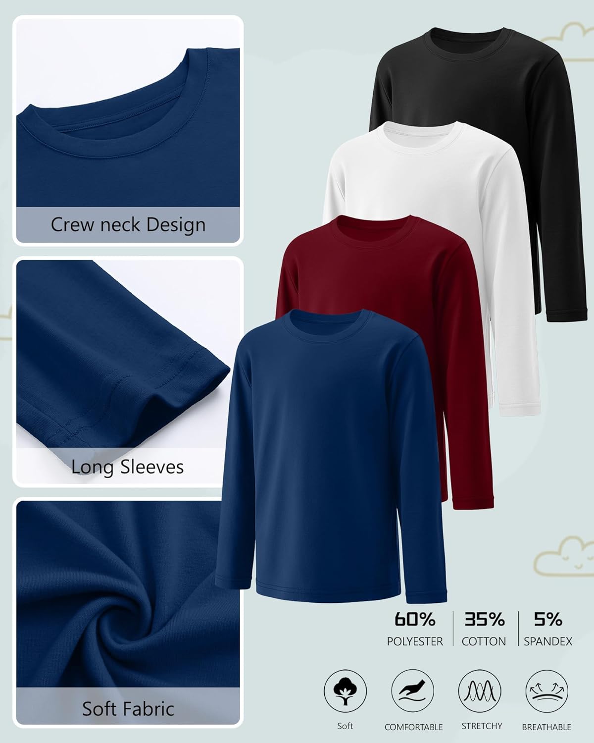 4 Pack Boy's Long Sleeve Shirts, Crew Neck Soft Tops Toddler Kids Basic Tees 3T-16 Years - Image 3