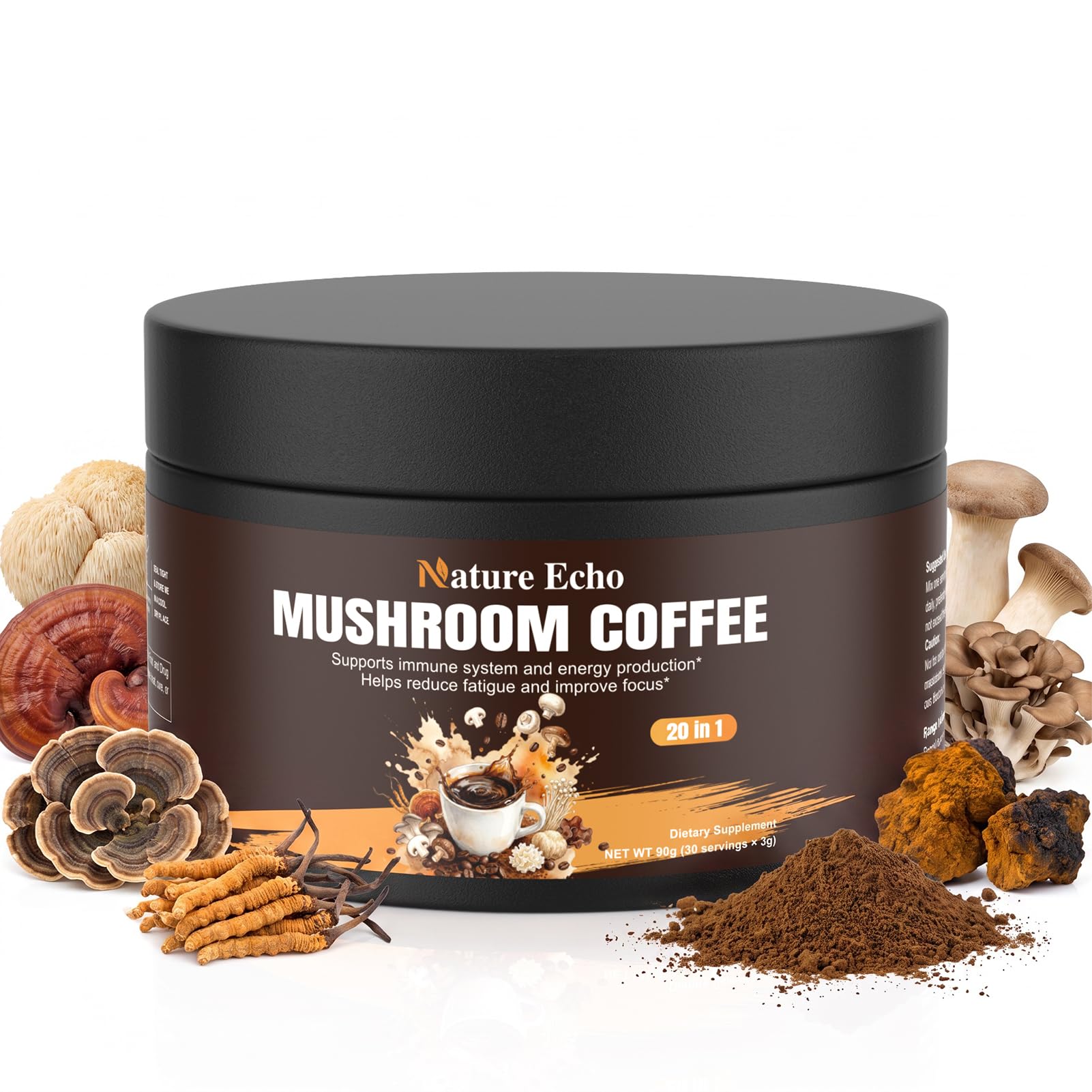 Nature Echo 20-in-1 Mushroom Coffee with Ashwagandha, 3.17oz Instant Powder