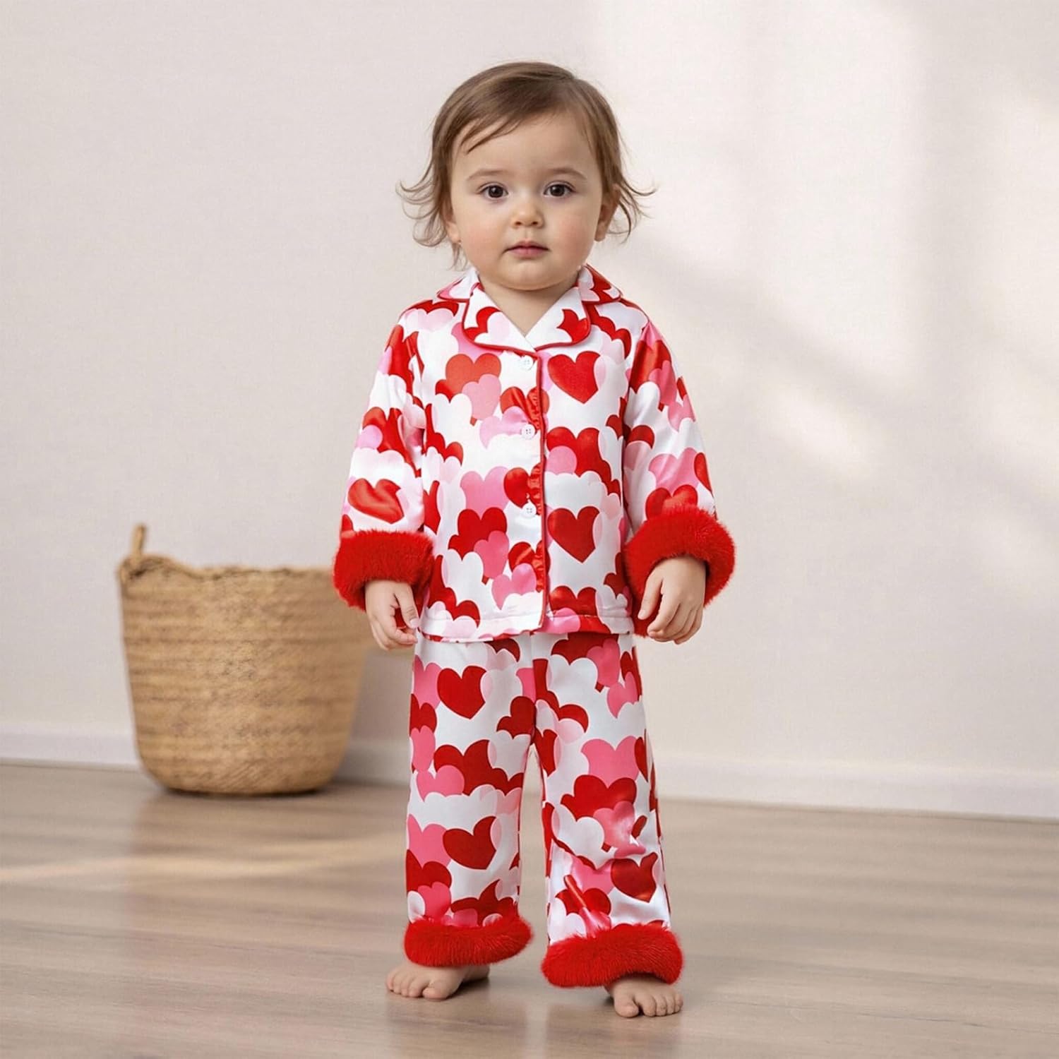 Toddler Girl Valentine's Day Satin Pajamas Set Baby Silk Pjs Heart Button Down Shirt Long Pants Sleepwear Spring - Image 3