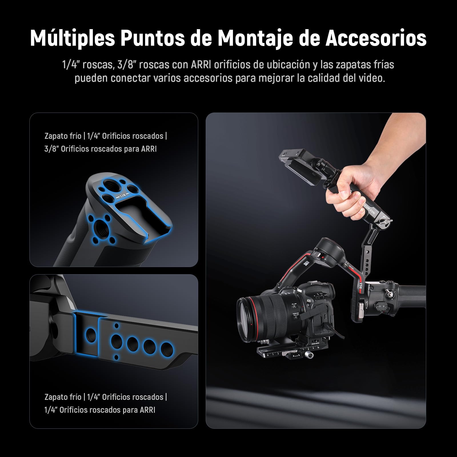 Extensión De Mango En Aleación De Aluminio Para DJI Ronin - Con Soporte Para Teléfono Y Zapata Fría - Compatible Con RS3, RS4 Pro, S3 Mini Y Más