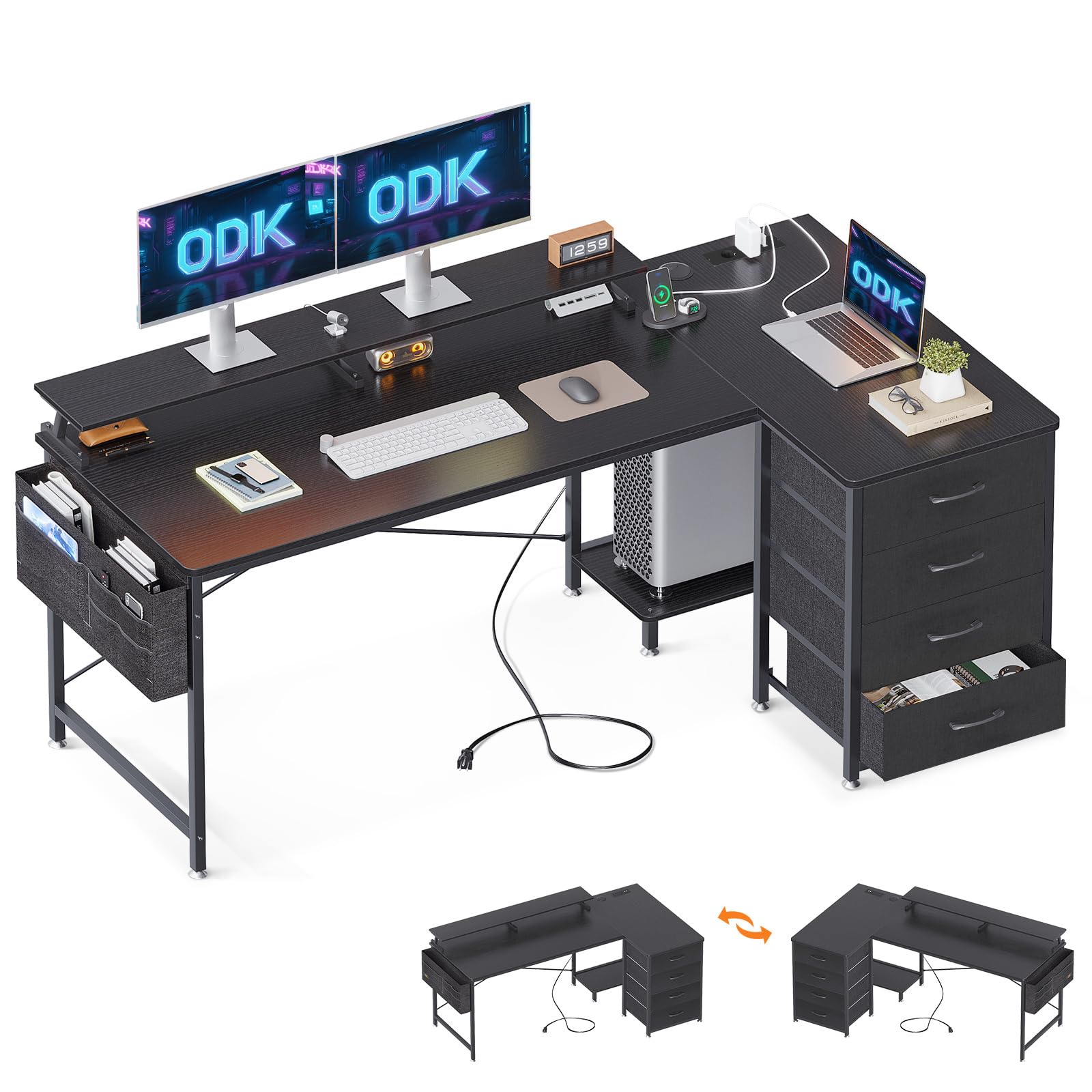 ODK Corner Desk with 4 Drawers, Reversible L Desk with 2 USB Charging Ports and 2 Sockets, L Table with Monitor Shelf for Home Office (Black, 160x80x84.5cm)