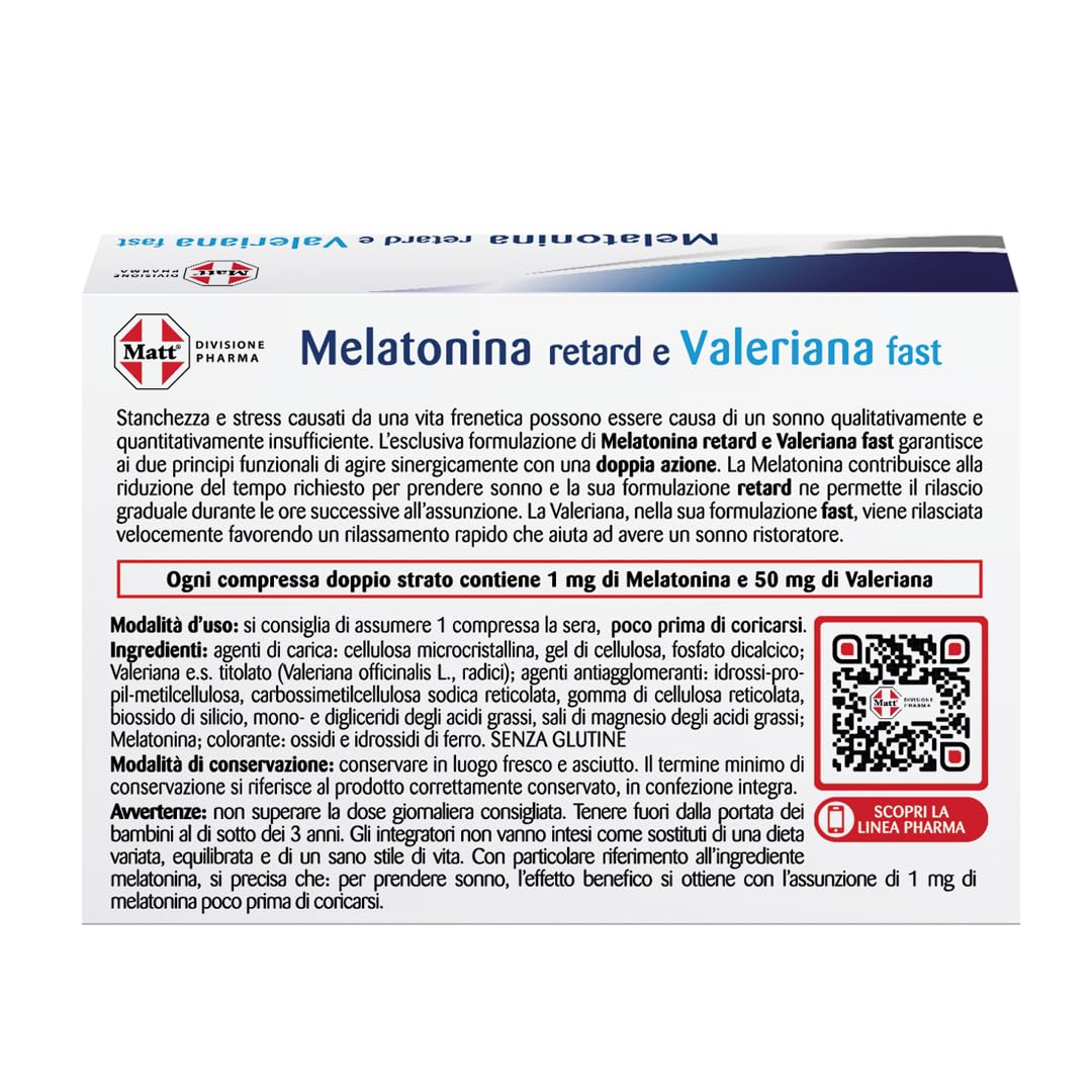 Matt, Melatonina Retard Valeriana Fast, Integratore Alimentare Utile per Favorire il Rilassamento e il Sonno, Confezione da 30 Compresse