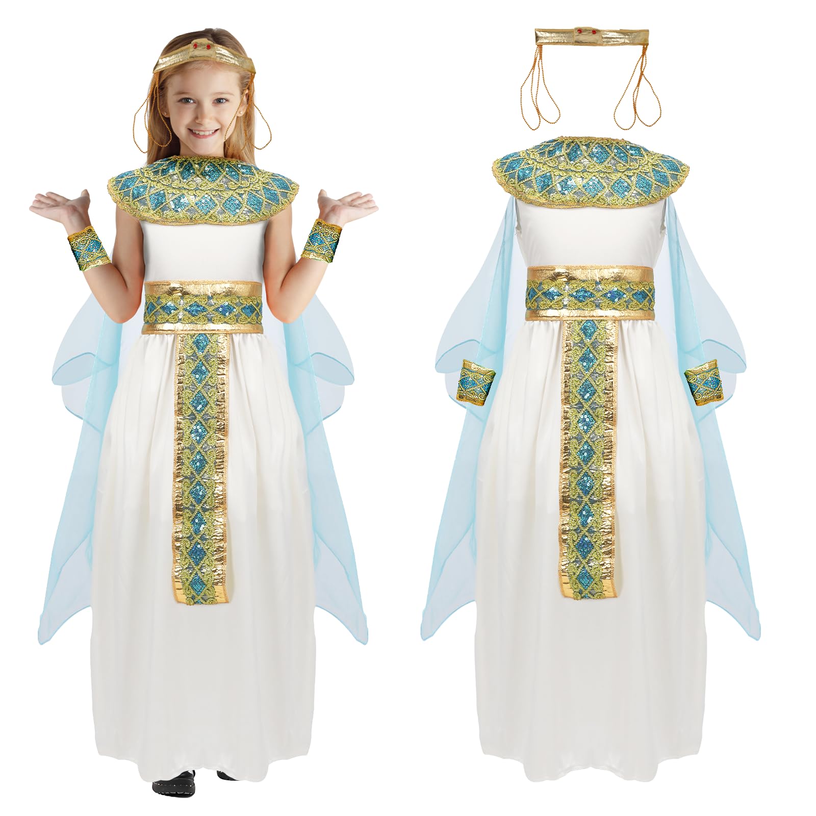 Makoike Cleopatra Costume for Kids Girls Egyptian Costume 6Pcs Egyptian Princess Dress Halloween Outfits Cosplay Props