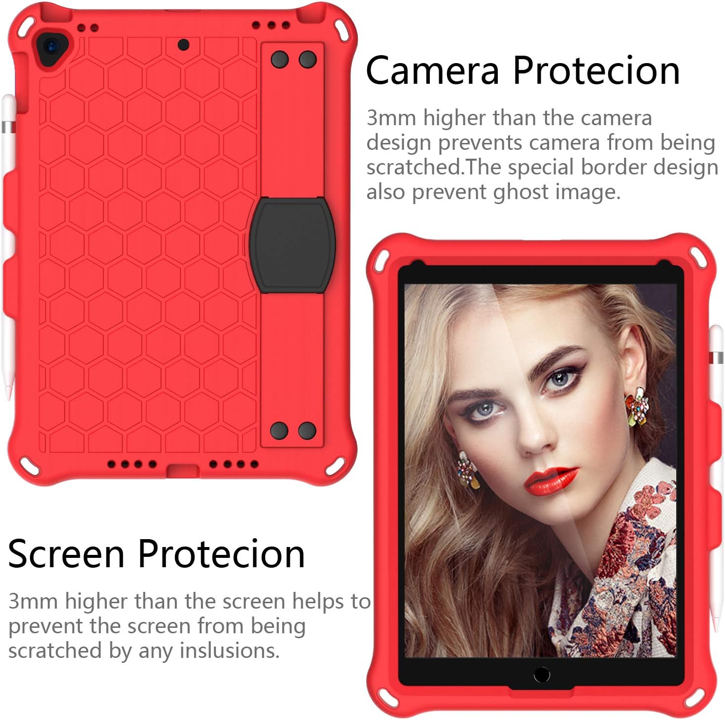 Honeycomb Structure Protective Case for iPad Air 1/Air 2/Pro 9.7-inch,Shockproof,2 Pieces Screen Protectors,Equipped with Pencil Holder [Shoulder Strap] and Stand (Red+Black,Case+Glass)