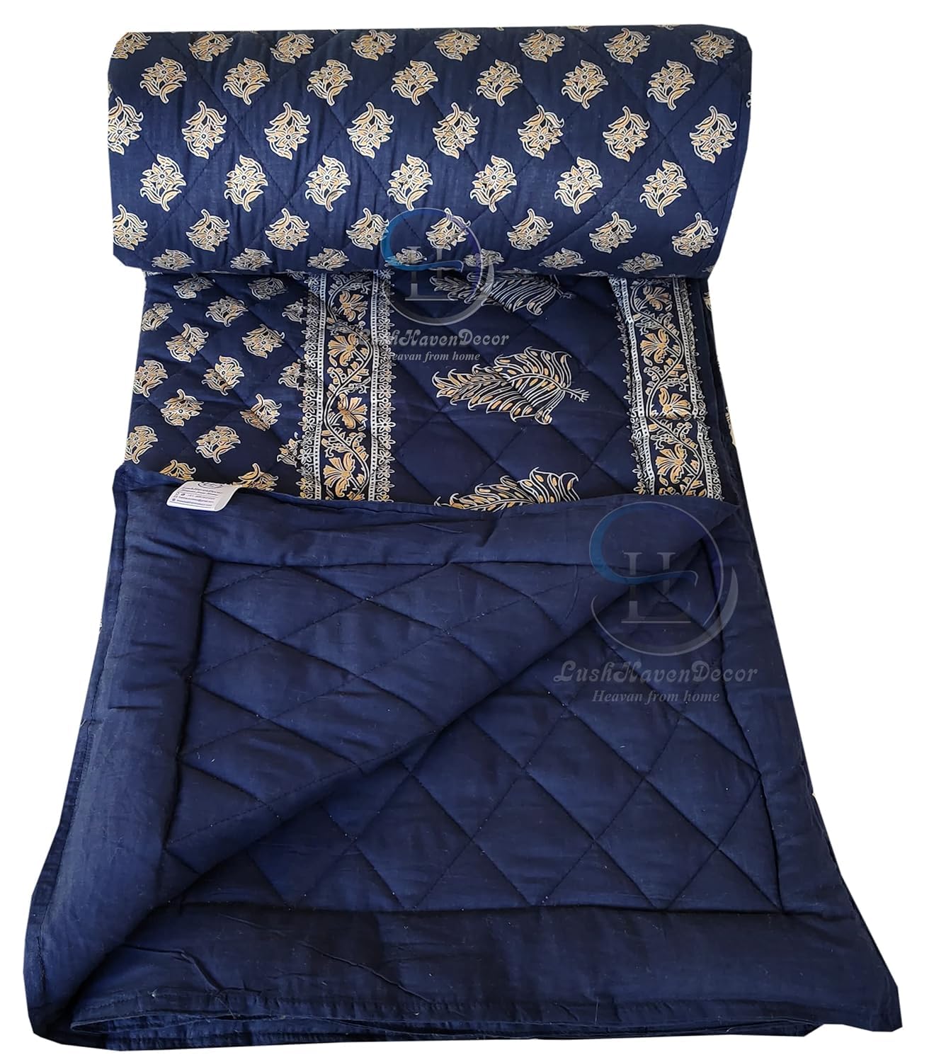 LushHavenDecorJaipuri Razai Double Bed Gold Print with Computerized Quilting Use as Soft and Breathable Cotton Comforter Quilt Rajai Blanket Dohar Size 85X100 inch Blue Pack of 1