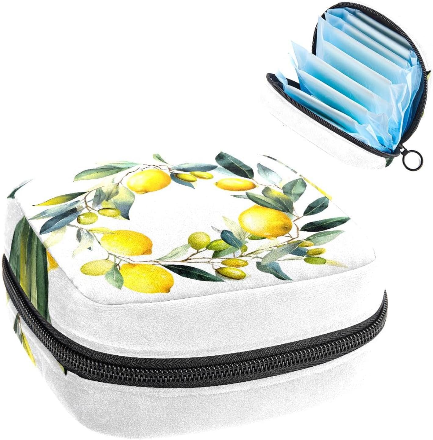 1Pc Portable Sanitary Napkin Storage Bag, Menstrual Cup Pouch, Feminine Care Pads Bag for Girls Women, Tampons First Period Kit, Watercolor Floral Wreath of Yellow Fruits Lemon