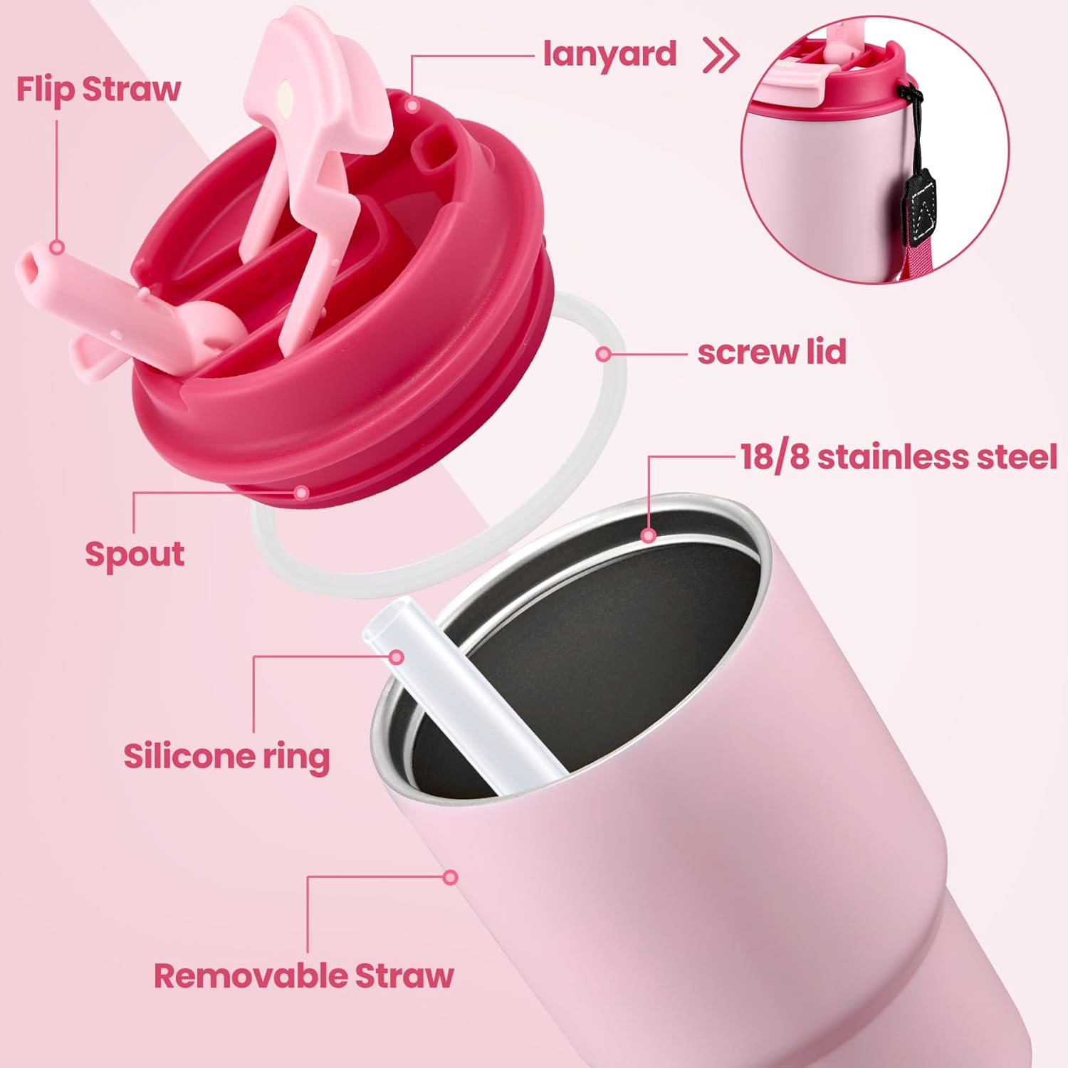 13.5oz Kids Insulated Tumbler with Lid and Straw, BPA-Free Stainless Steel Kids Water Bottle, Leak-Proof& Cupholder Friendly Tumbler for Boys & Girls -2 Pack(Pink+Purple) - Image 3