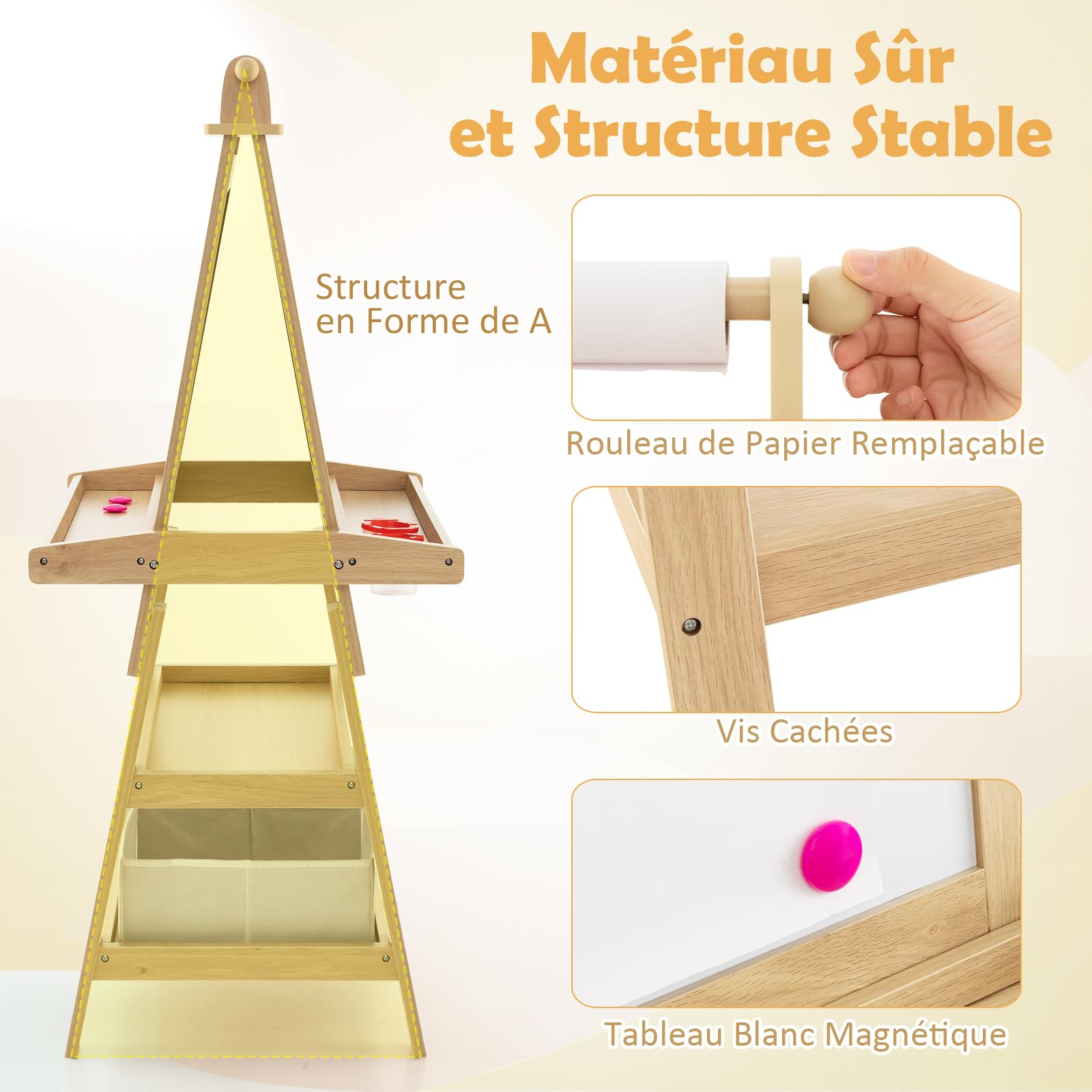 GOPLUS Caballete para niños de doble cara, Pizarra infantil de madera, Tabla de dibujo magnético con rollo de papel, cajas de almacenamiento, pintura multifunción accesorios completos (natural)