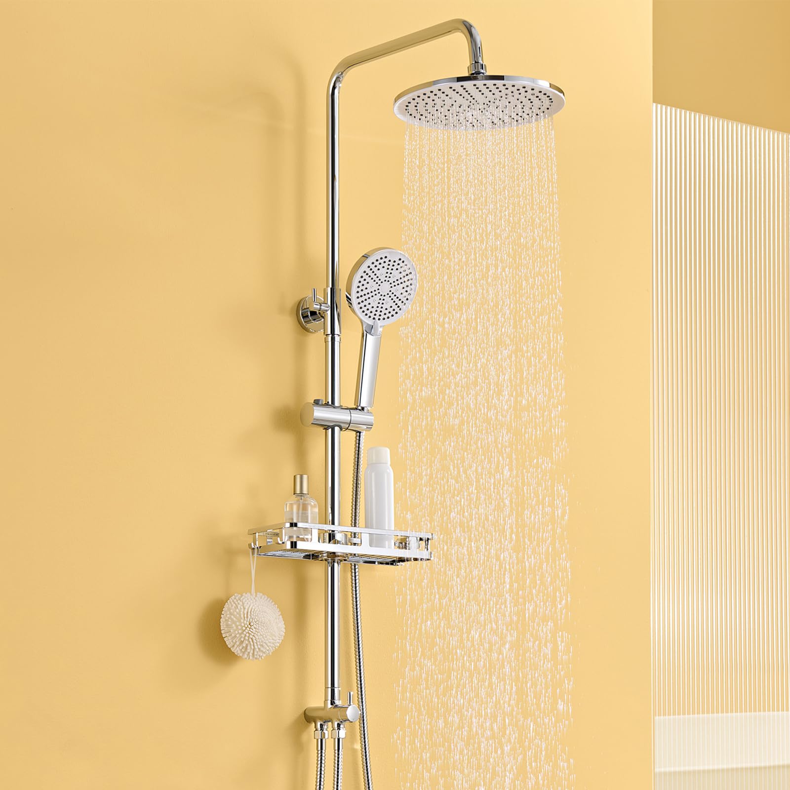Auralum Regendusche ohne Armatur, Edelstahl Duschsystem mit Messing-Wasserteiler, Bohrfree-Regal, Ø250mm Überkopfbrause Duschset, Badezimmer Dusche Komplett Set, Duschgarnitur mit Regendusche, Chrom