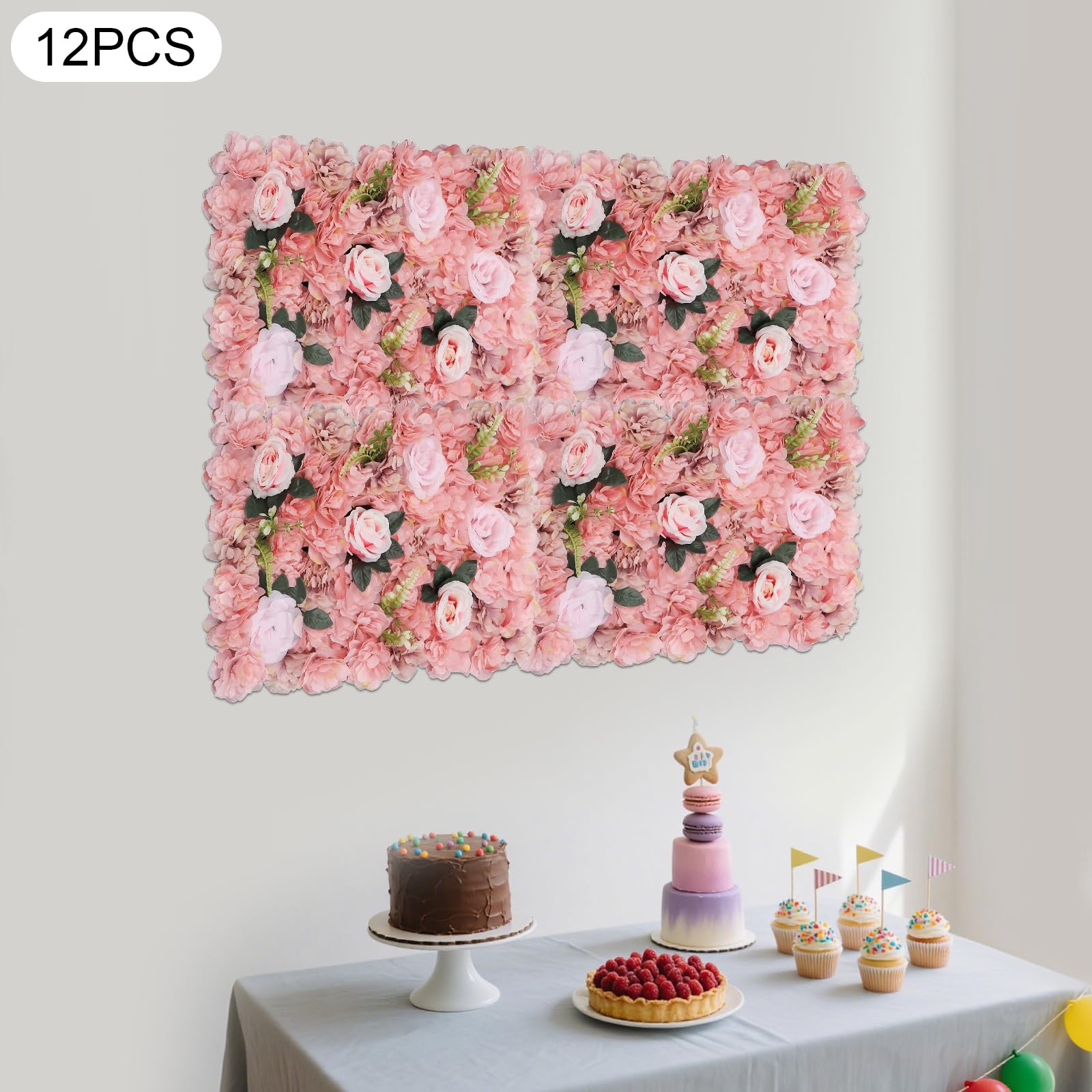 12 Stück Künstliche Hochzeit Blumenwand, Seide Künstliche Blume Wandpaneel für Hochzeit Party Deko DIY Hintergrund Rosa (A)