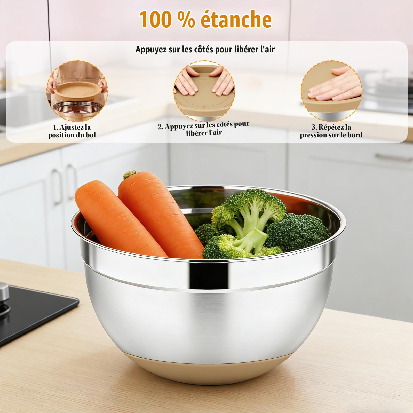 5 Pcs Saladier Inox, Cul de Poule Inox, Saladier avec Couvercle, Base en Silicone Antidérapante, Bol Inox Cuisine Bowl de Mélange avec 3 Râpes, Empilables et Lavables au Lave Vaisselle