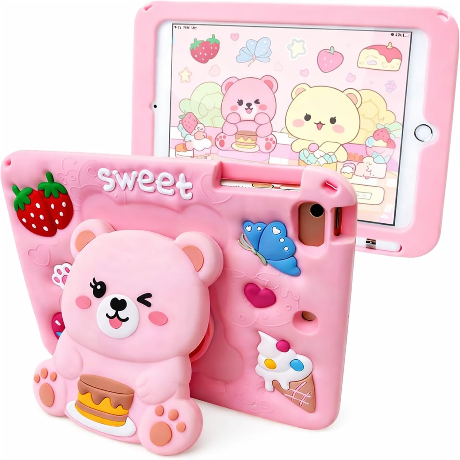 for iPad A16 Case 11th Generation 11 Inch 2025/for iPad 10th Generation Case 2022 10.9 Inch - Cute Cartoon Soft 3D Silicone Bear Cover with Strap & Stand for Girls Girly