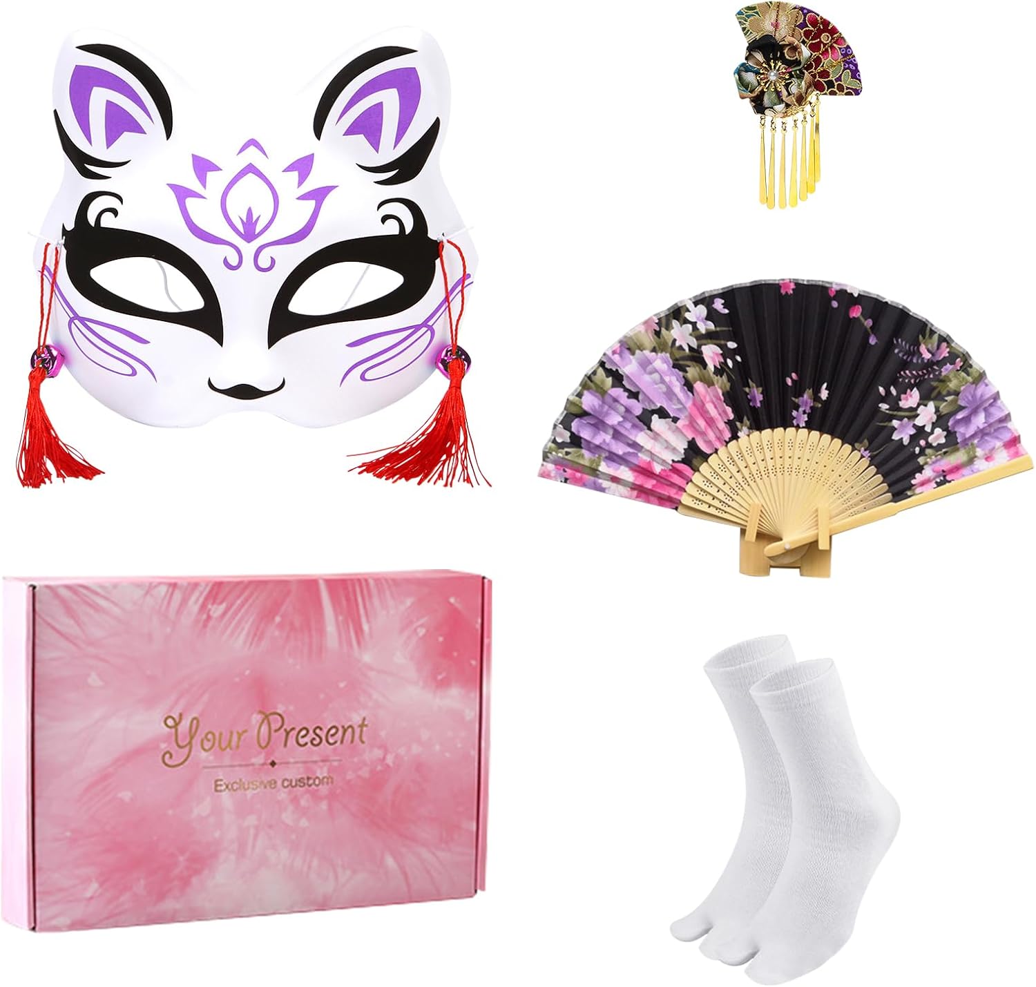 Japanese Kimono for Women Geisha Costume Asian Dress Anime Costume Yukata Kimono Robe Mask Hand Fan Socks 5pc(Black)