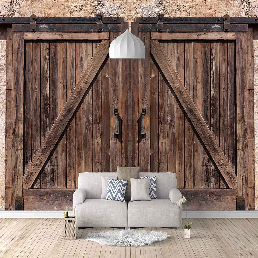Papier peint toile porte en bois minable vintage trompe-l'œil 3D