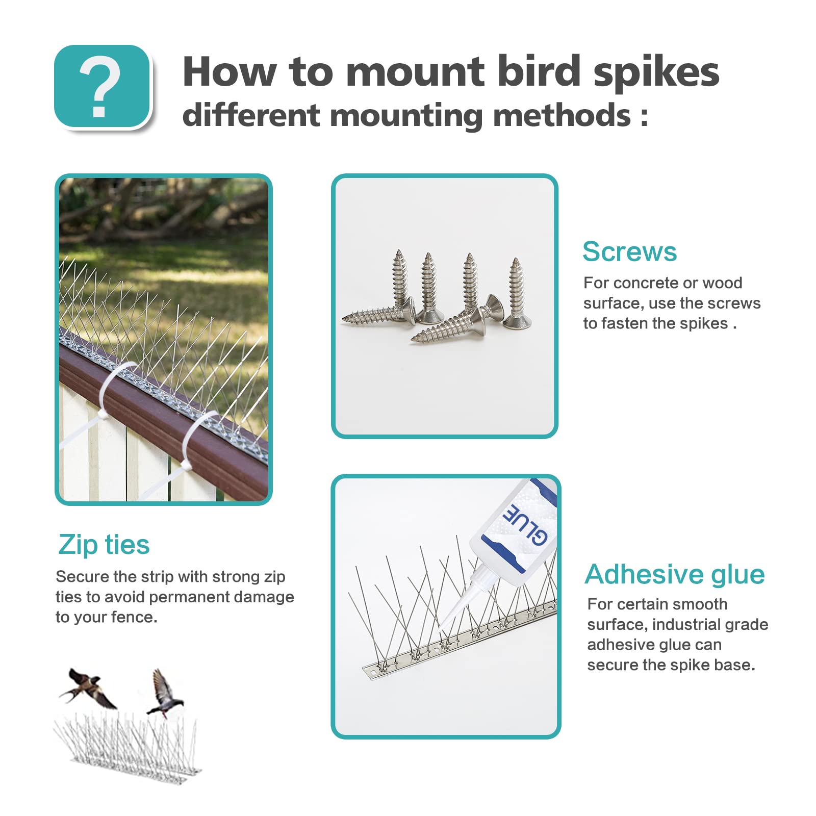 KKY Base de acero inoxidable con puntas de pájaro, kit de valla de uñas repelente de pájaros, se puede utilizar para detener palomas y otros pájaros pequeños, cubriendo 60 paquetes (sin pines)