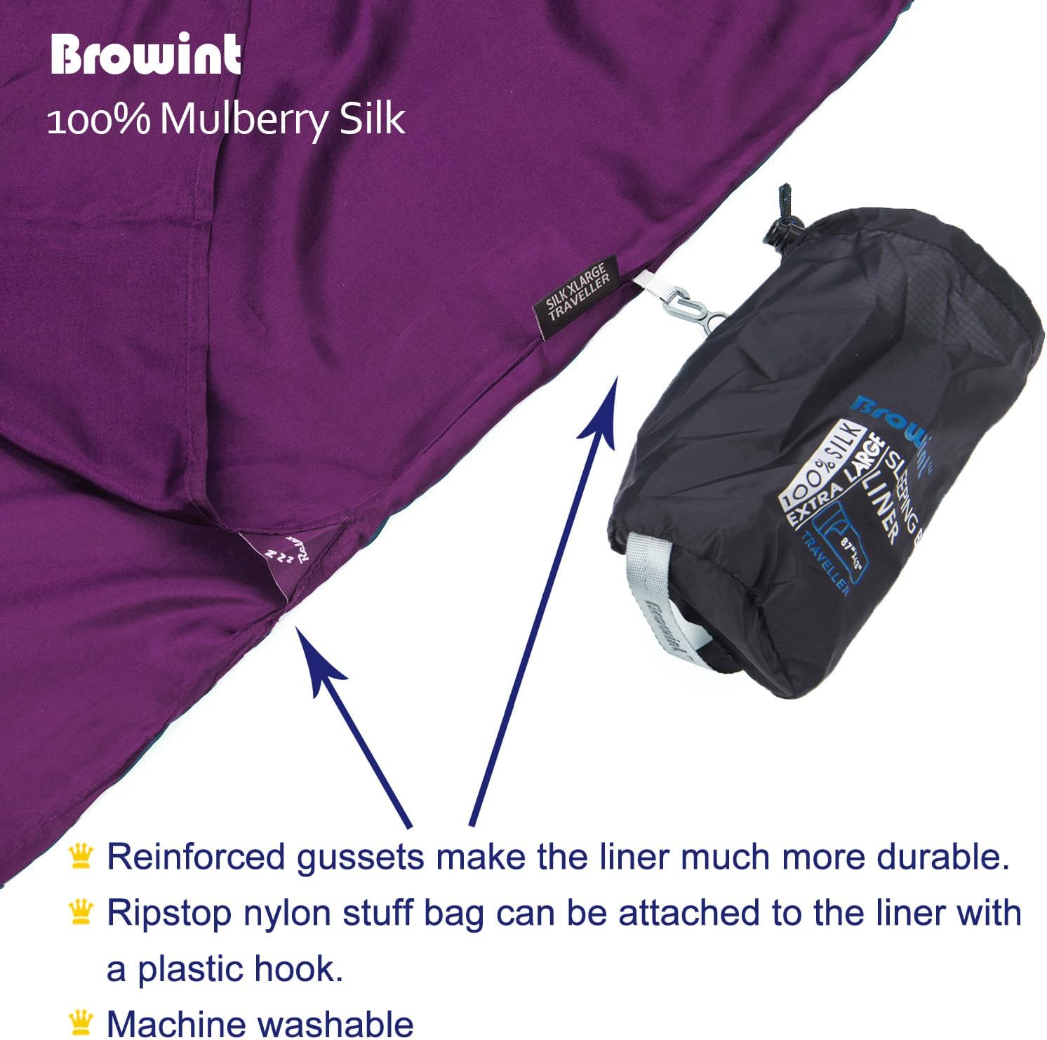 Browint Silk Sleeping Bag Liner, Silk Sleep Sack, Extra Wide 87"x43", Lightweight Travel Sheet for Hotels, More Colors for Option, Reinforced Gussets