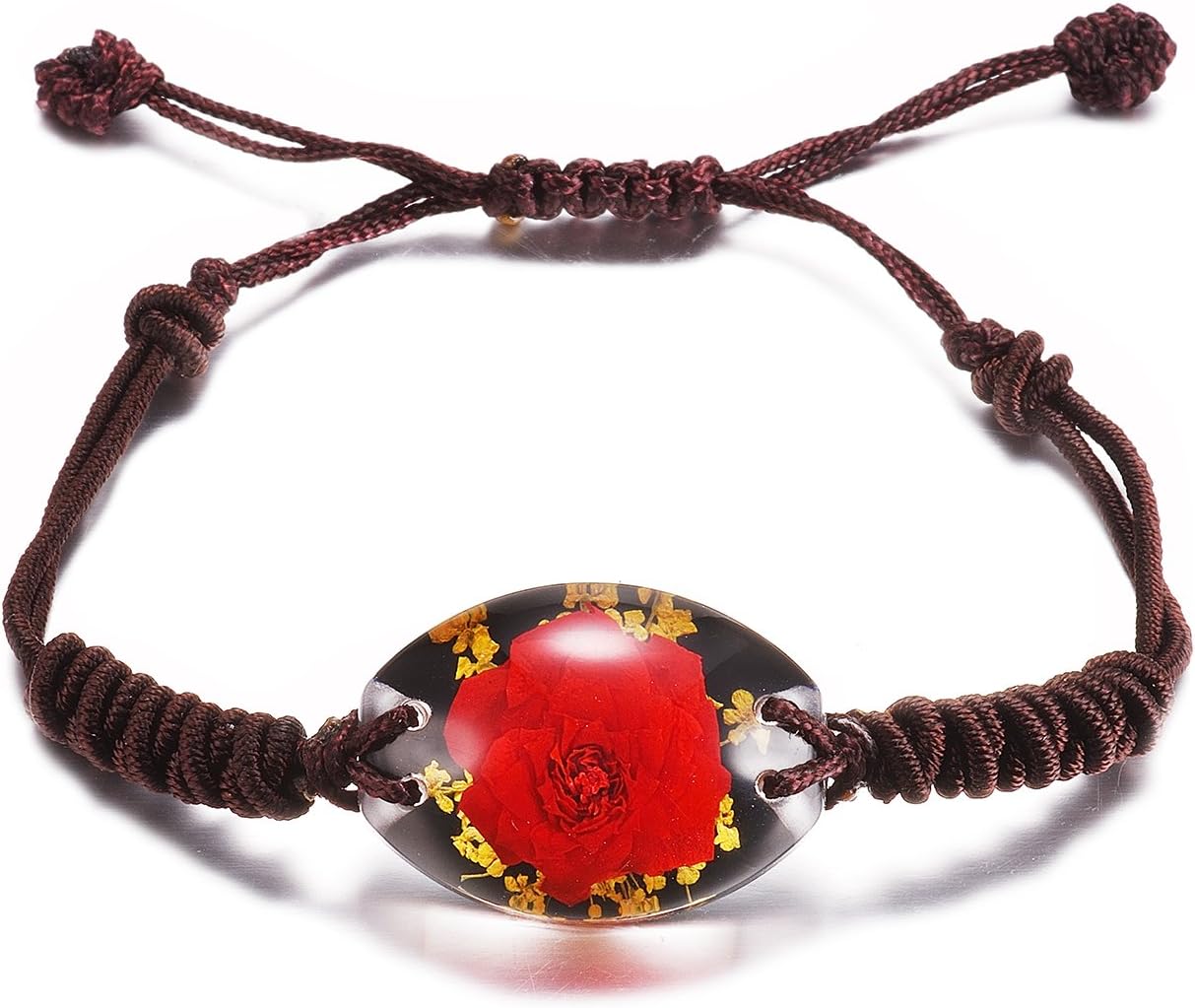 YABI Real Rose Handmade Black Gold Base Bracelet with Adjustable Brown Hand Strap