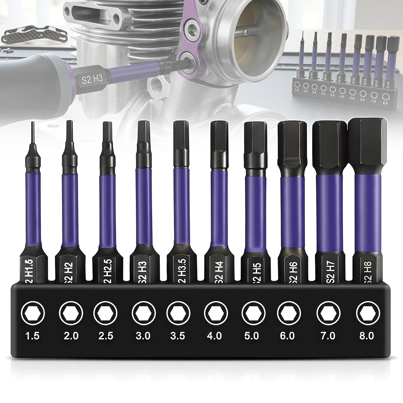 10Pcs Allen Wrench Drill Bit Set, Impact Hex Bit Magnetic S2 Steel Bites Set CNC Machined Tips Impact Key Bits 1/4”Hex-Shank Metric Inner Hexagon Screwdriver Bits H1.5-H8.0