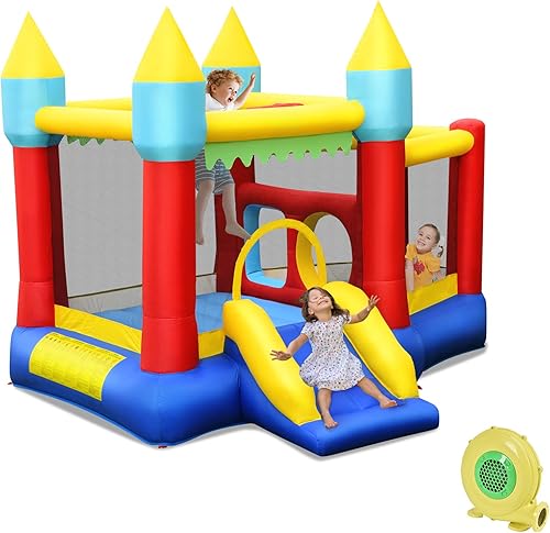 Miniatura 22 de HONEY JOY Casa de rebote inflable, castillo hinchable para niños con tobogán y área gigante de rebote, bolsa de transporte Oxford, estacas, castillo