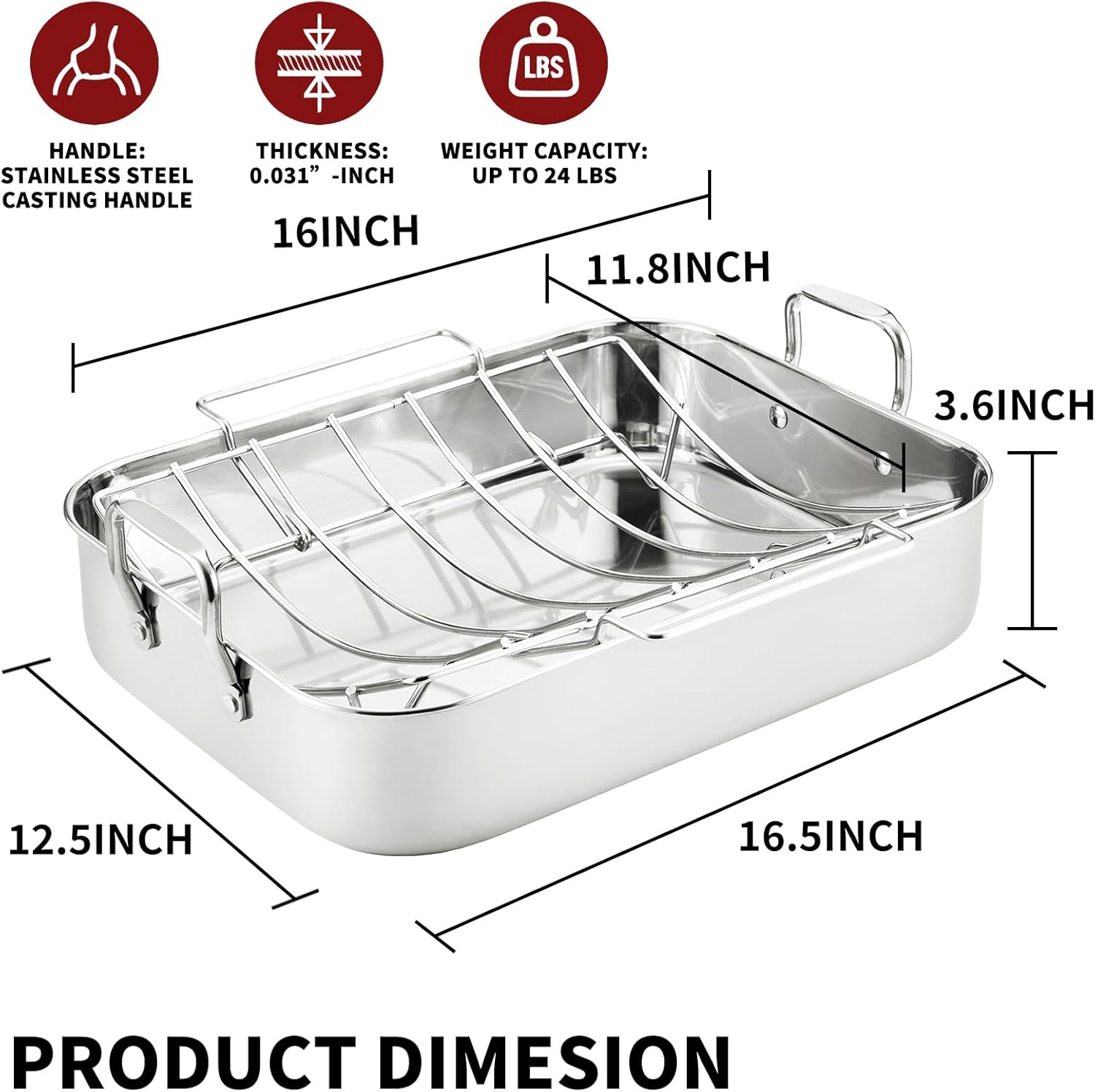 16.5inch Roasting Pan with V-Shape Rack - Stainless Steel Large Turkey Roaster Pan for Turkey, Chicken, Ham Roaster with V-Shaped Baking Rack Heavy Duty Dishwasher Safe, Hold up to 22LB